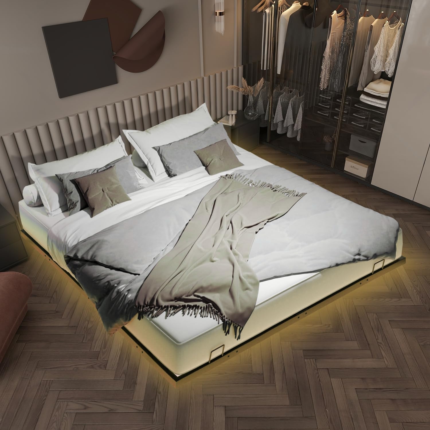 King Size Floating Bed Frame Metal Platform with LED Light No Box Spring Needed Noise-Free Easy Assembly