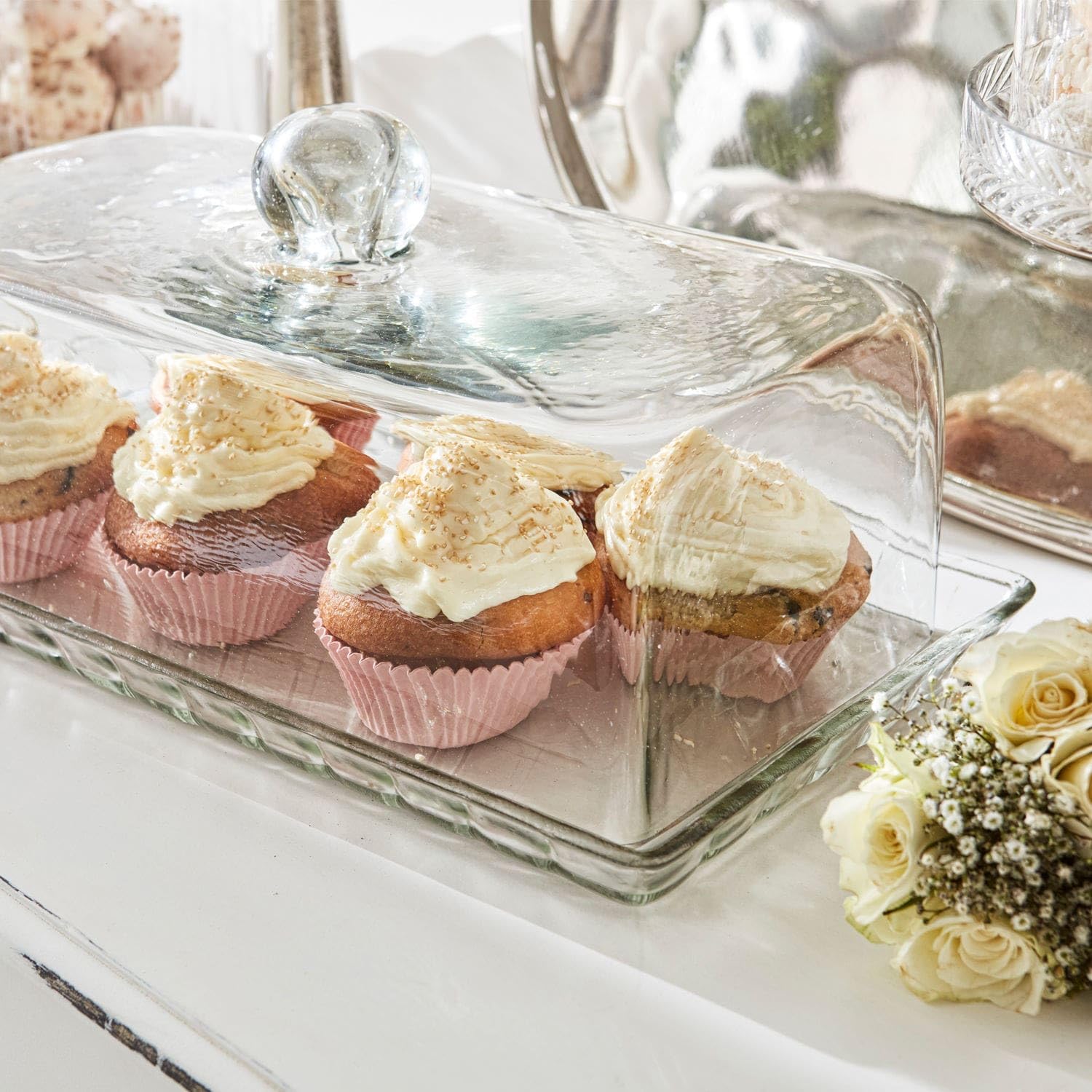 LOBERON Nelia Cloche en verre avec plateau - Verre soufflé à la bouche - Plateau cannelé et poignée ronde en verre, transparent