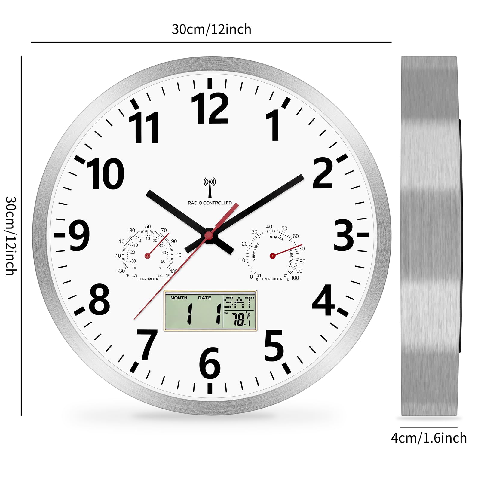 Foxtop Horloge Murale Radio-Pilotée 30 cm avec Hygromètre Thermomètre Écran LCD