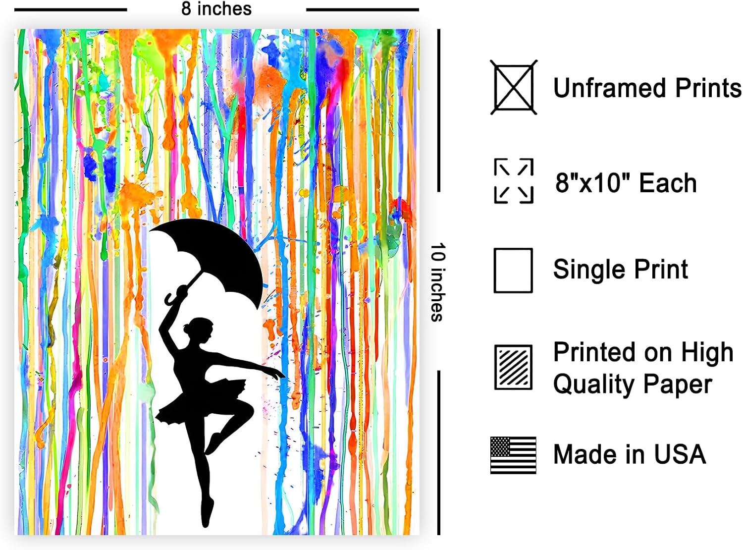 Poster Master Ballerina Poster - Dancing Under The Rain Print - Abstract Art - Silhouette Illustration - Rainbow Creation - Great Bedroom or Living Room Decor - 8x10 UNFRAMED Wall Decor