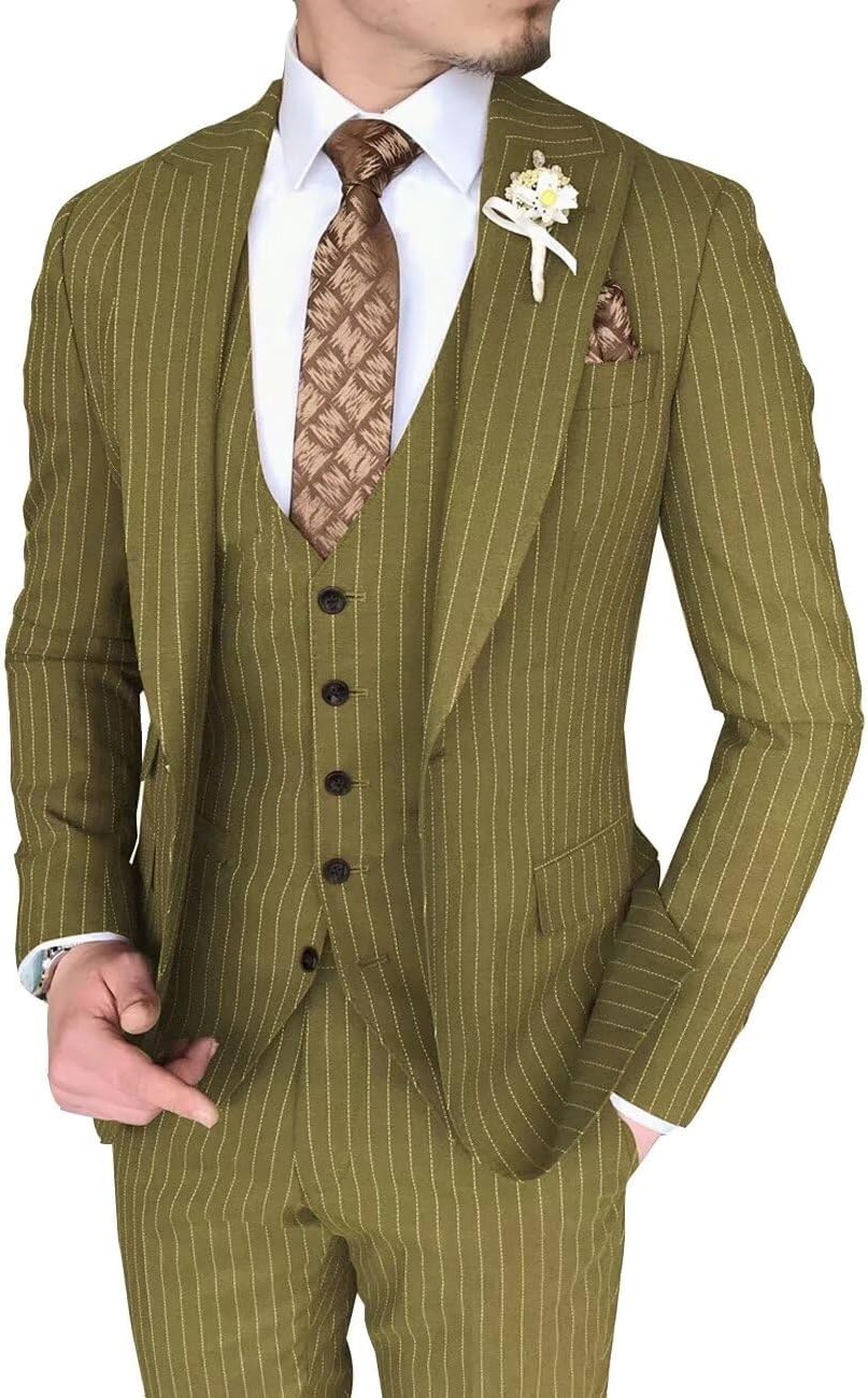 Formal Stripe Suits for Men 3 Piece Slim Fit Single Breasted Pinstripe Blazer Vest Pants Set for Wedding Prom Business