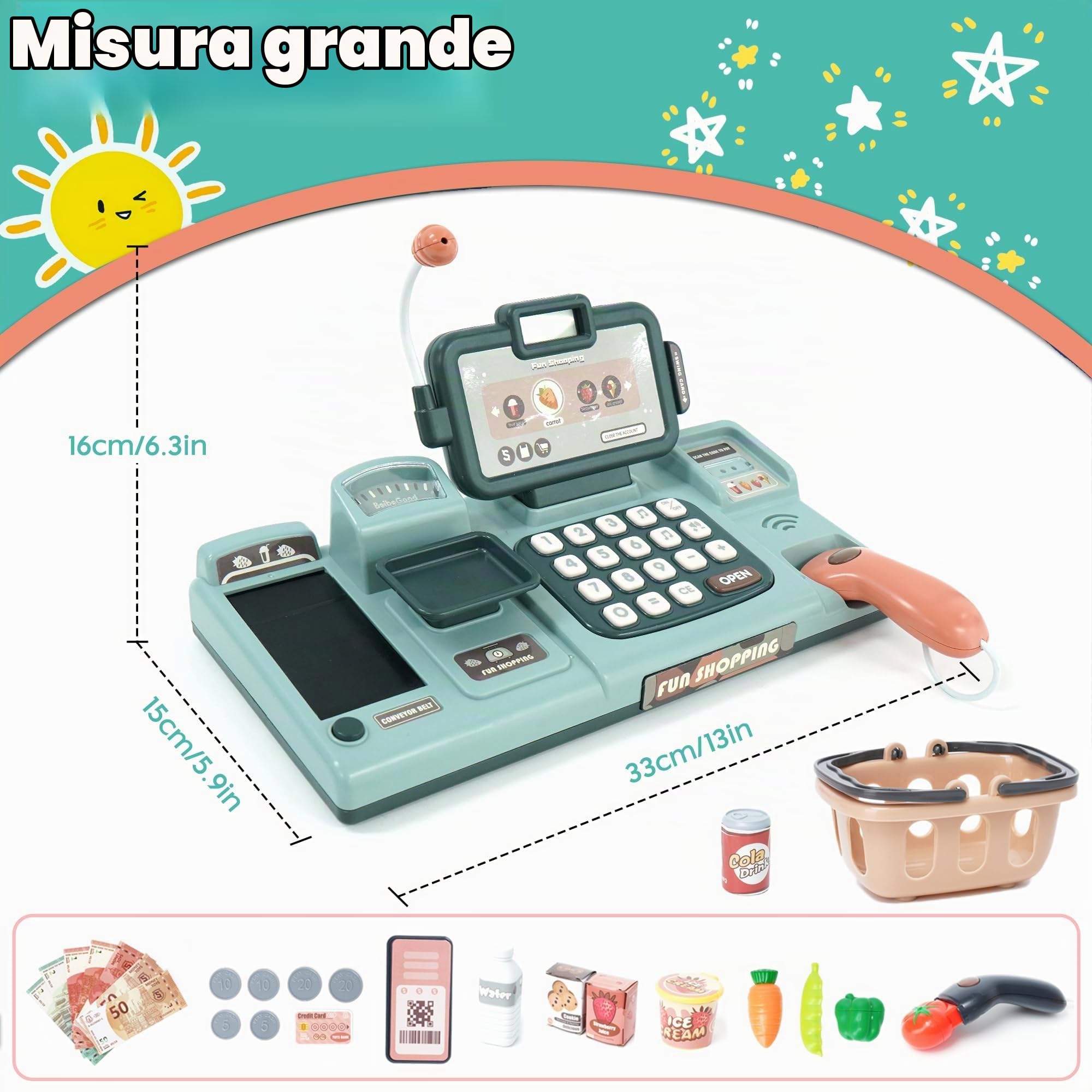 Registratore di Cassa Giocattolo con Scanner, Microfono, Suono, Nastro e Lettore di Carta Set di Accessori, Supermercato Giocattolo per Bambini 3 4 5 Anni Ragazza Ragazzo, Verde