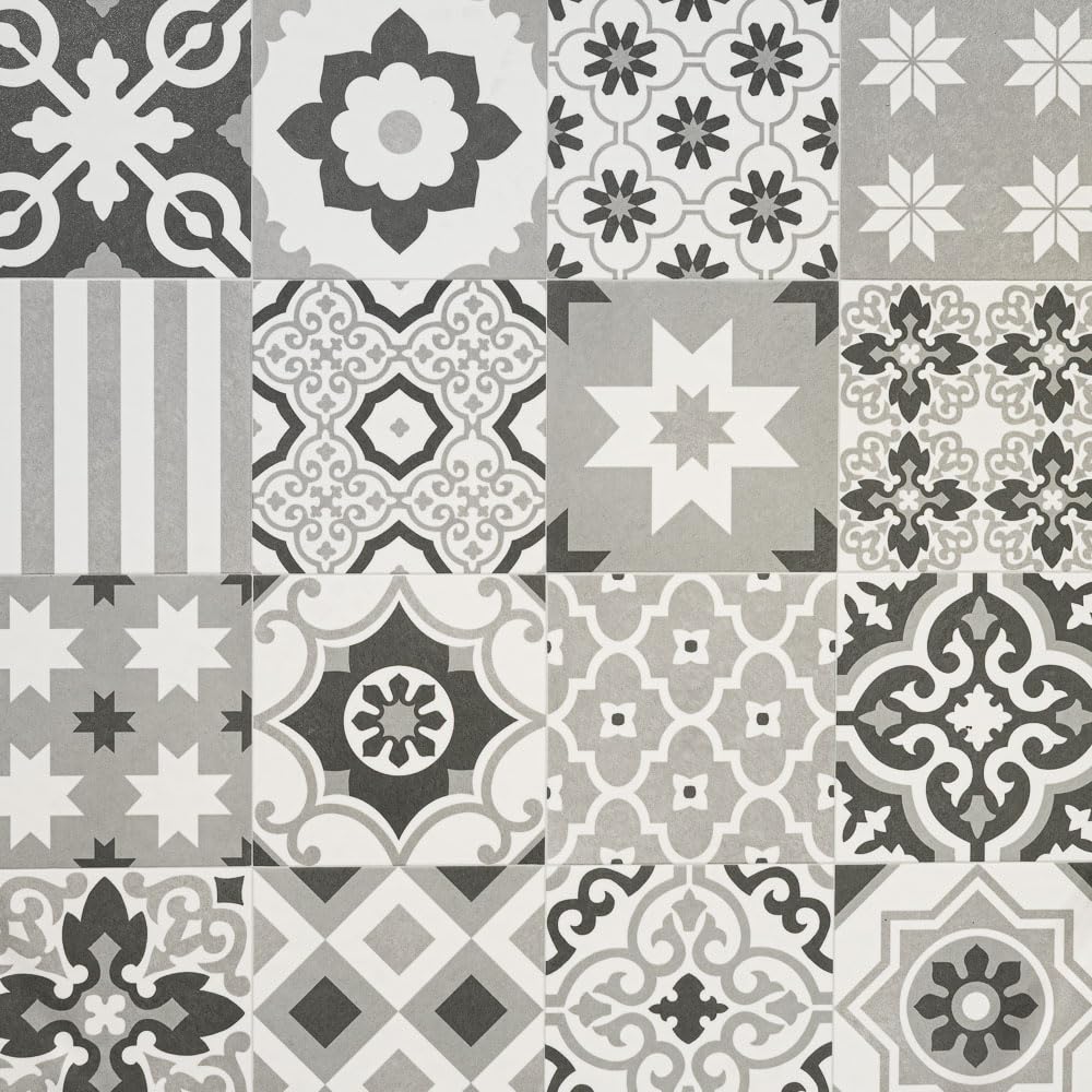 Stone & Tile Effect Vinyl Flooring 2.8mm Thick Foam Backed Lino Roll Bathroom Kitchen (White & Grey Patchwork Patterned Tiles - 2m Wide x 5.5m Long)