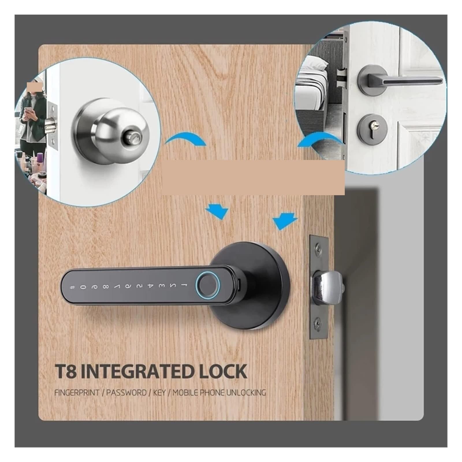 Cerradura Inteligente Para Puerta Con Huella Dactilar Y Teclado Código | Casa, Hotel, Oficina, Apartamento, Principal(T8 Silver)