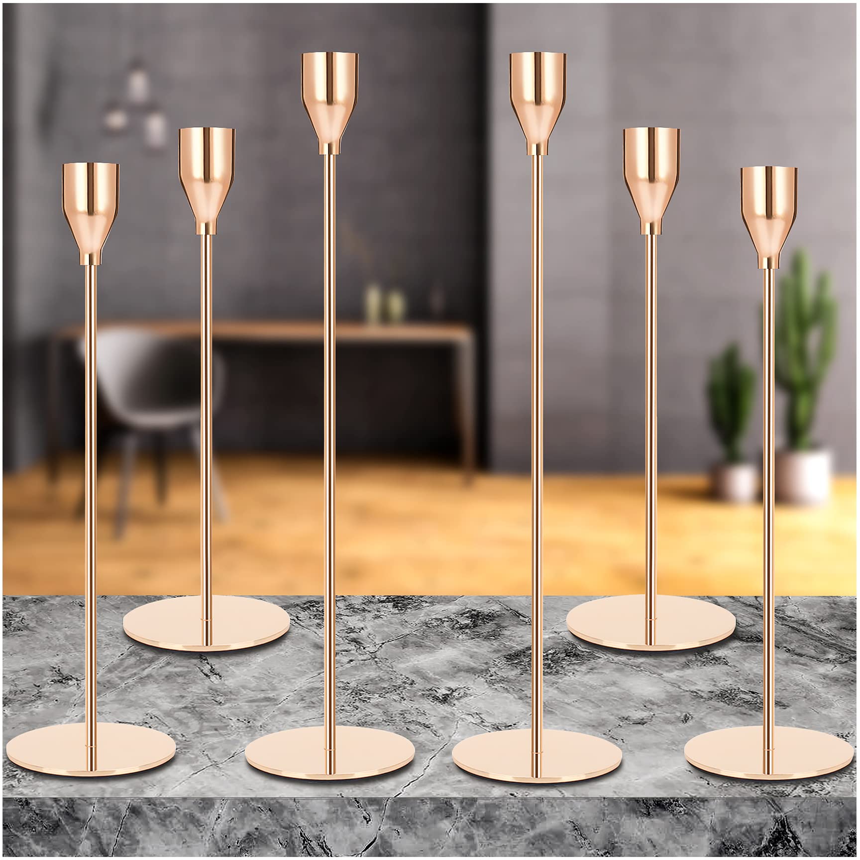 MOUGIGI Gold Candle Holders 6 pcs Set, 3 Sizes of Taper Candle Holders for Wedding, Banquet, Anniversary, Party Decoration Candle Holders, Fits 3/4 inch Candles&Led Candles (Metal Candle Holder)