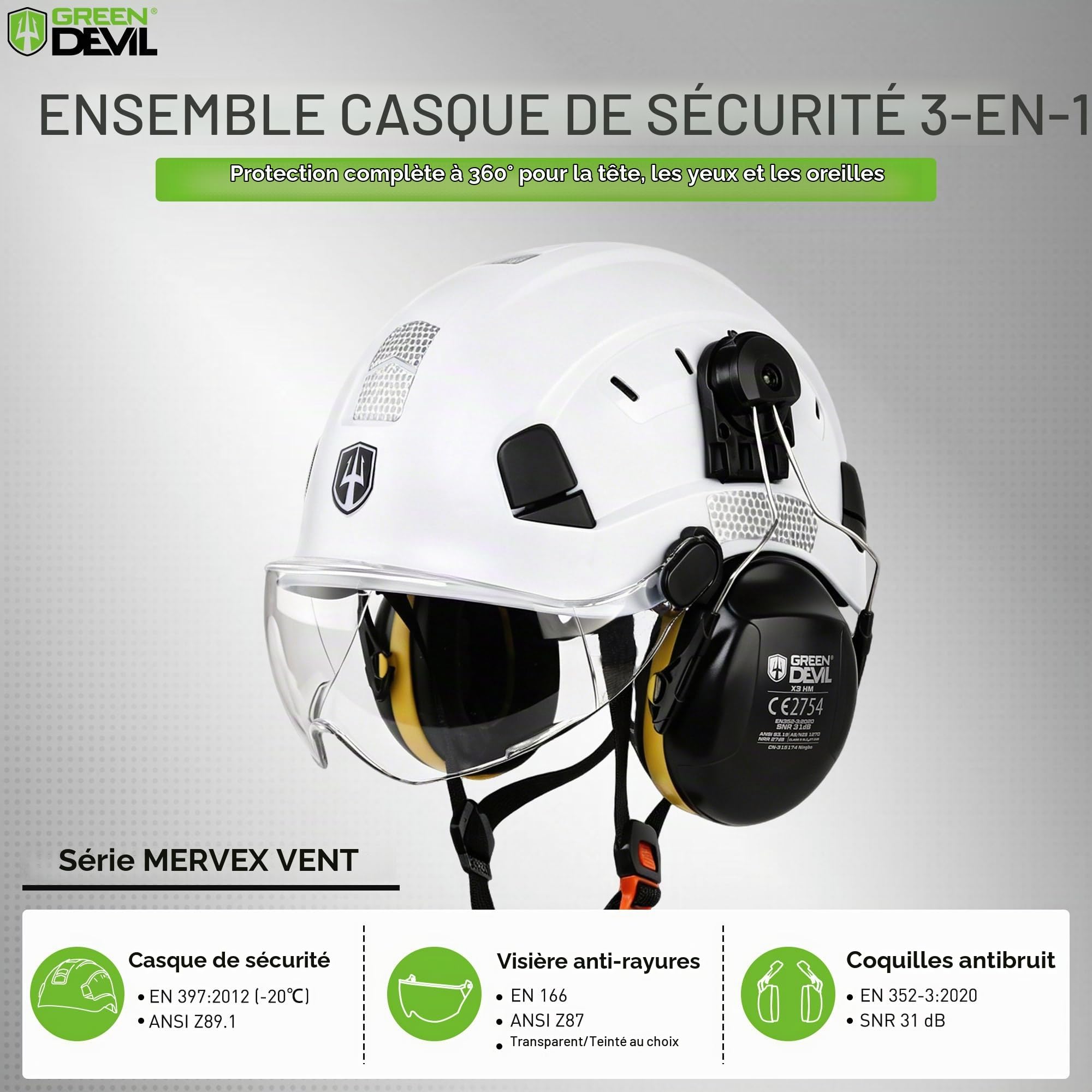 GREEN DEVIL Mervex Vent Ensemble de casque de sécurité 3 en 1 EN 397 | Casque de travail avec visière (transparent/teinté) et protection auditive SNR 32 dB | Casque industriel ABS 53-63 cm pour