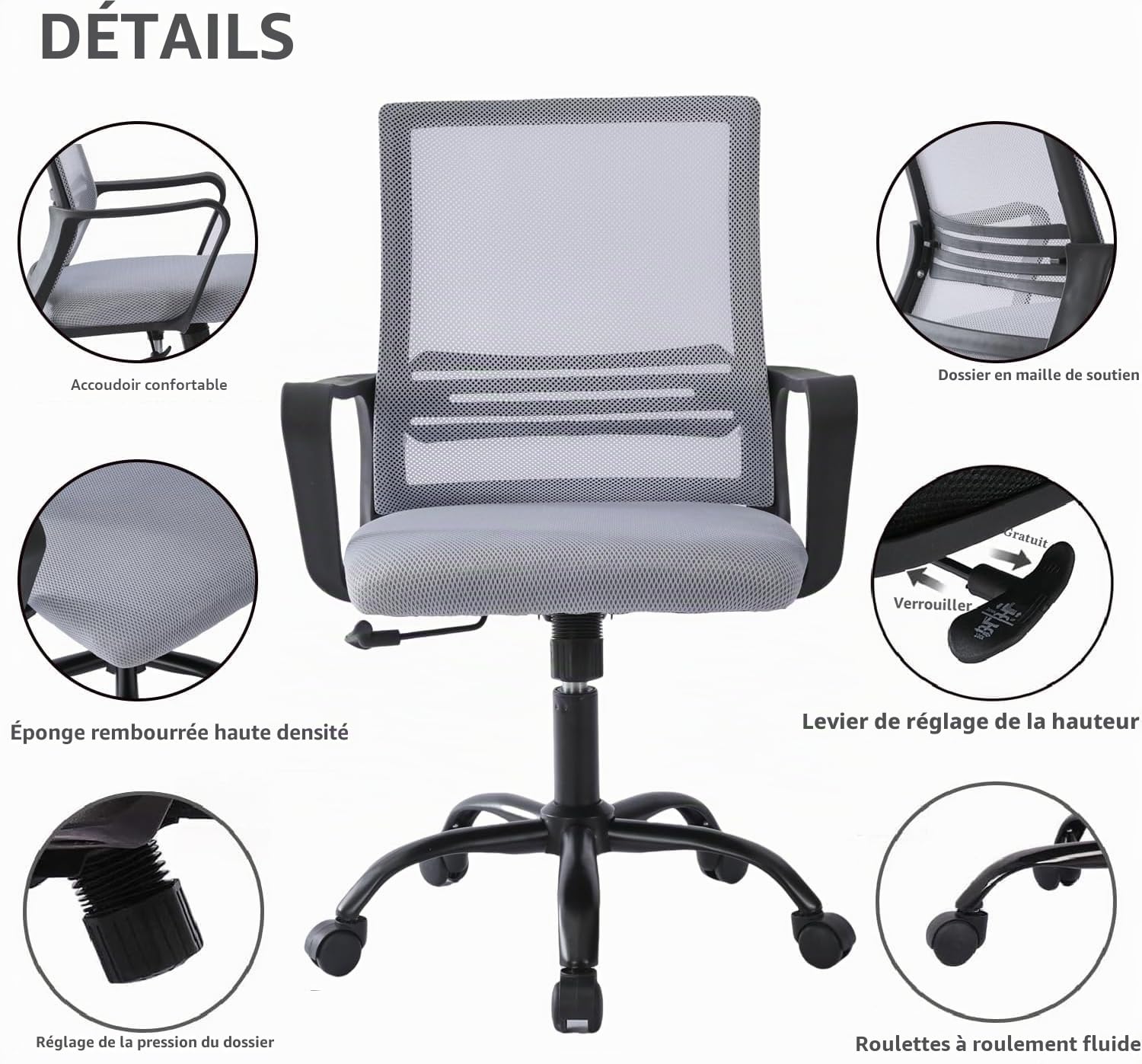 mcc direct - Chaise de bureau ergonomique réglable en maille pivotante avec coussin d'assise rembourré, chaise d'ordinateur à hauteur réglable avec support lombaire et bascule pivotante pour la maison