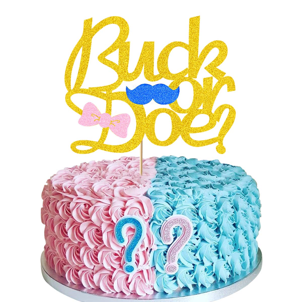 Gender Reveal Cake Topper - Buck or Doe Cake Topper for Baby Shower Pregnancy Announcement, Handmade Double Sided Gold Glitter Party Decorations (1pcs)