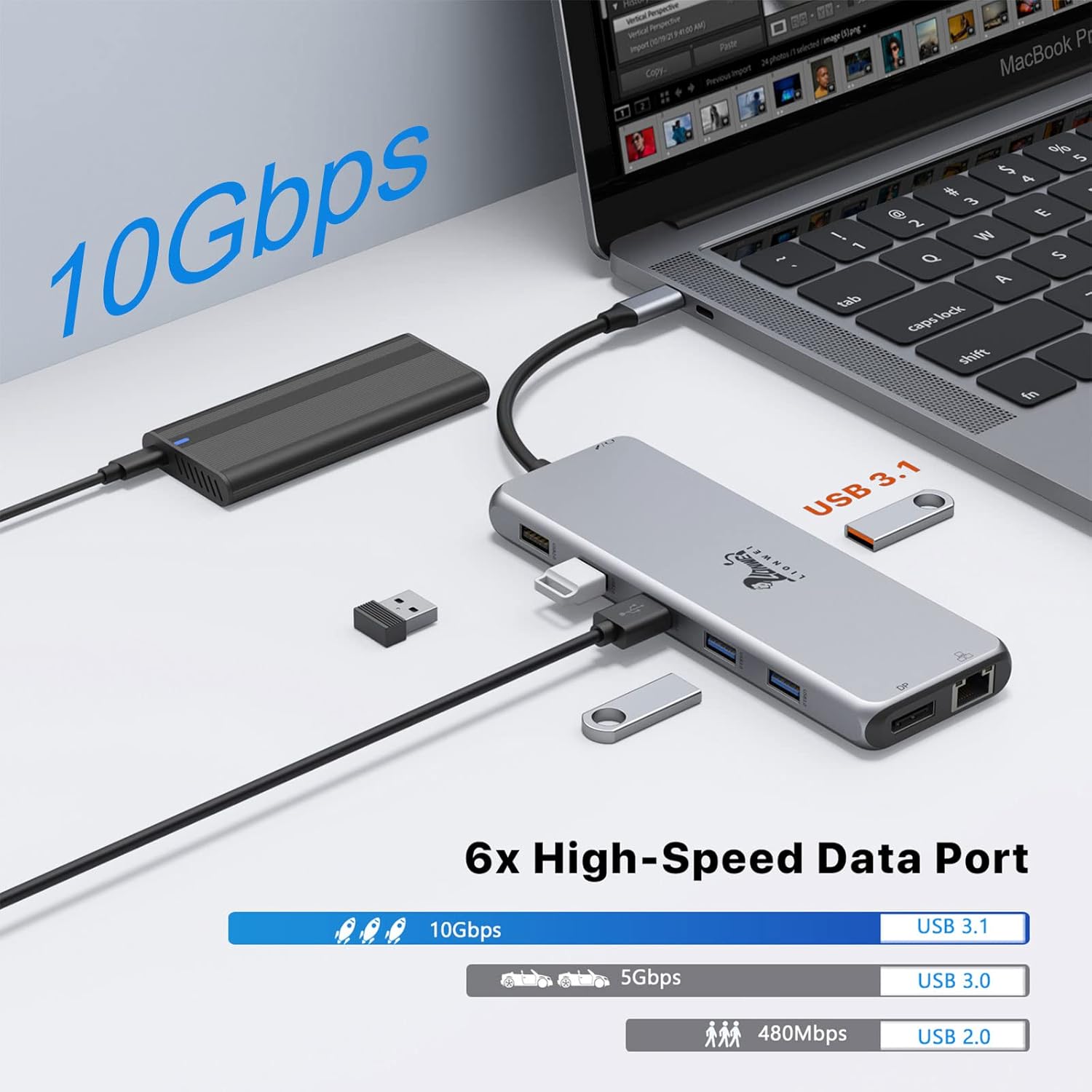 Diagram showing USB-C ports supporting 100W Power Delivery and 10Gbps Data Transfer.