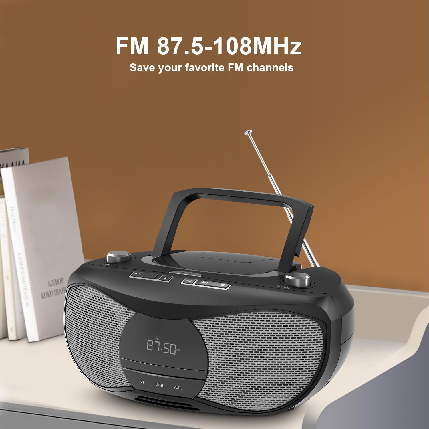 Tragbarer CD-Player Boombox 20W für Draußen, Eingebaute wiederaufladbare Batterie | FM-Radio/Bluetooth/USB/AUX-Eingang | 3,5 mm MIC & Kopfhöreranschluss | Klarer Stereoklang