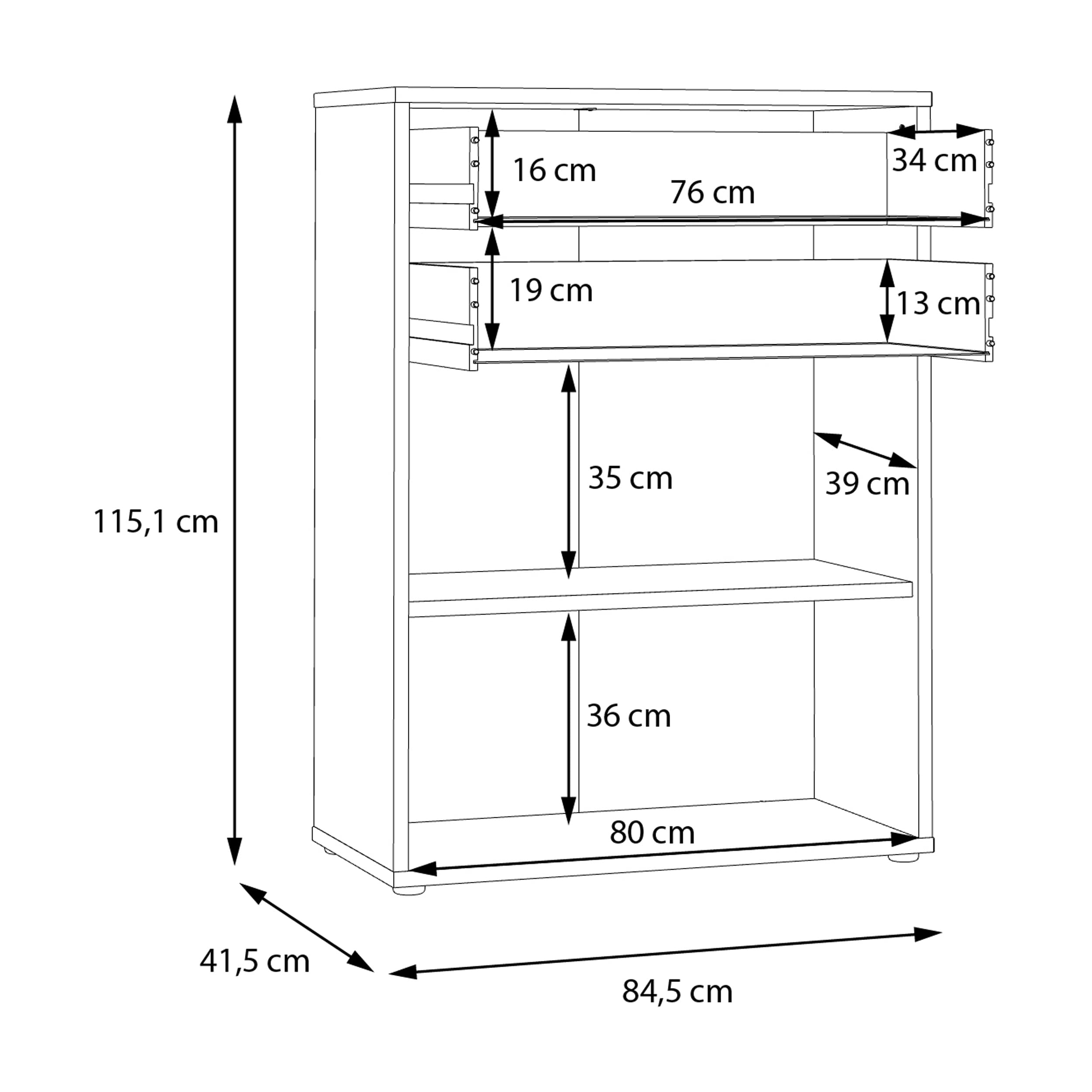 Forte KEFLAVIK Schrank 80 90, moderner Büroschrank mit 2 Türen und Schublade, Holzwerkstoff, Artisan Eiche Holzdekor | Weiß, 84,5 cm breit x 115,1 cm hoch x 41,5 cm tief