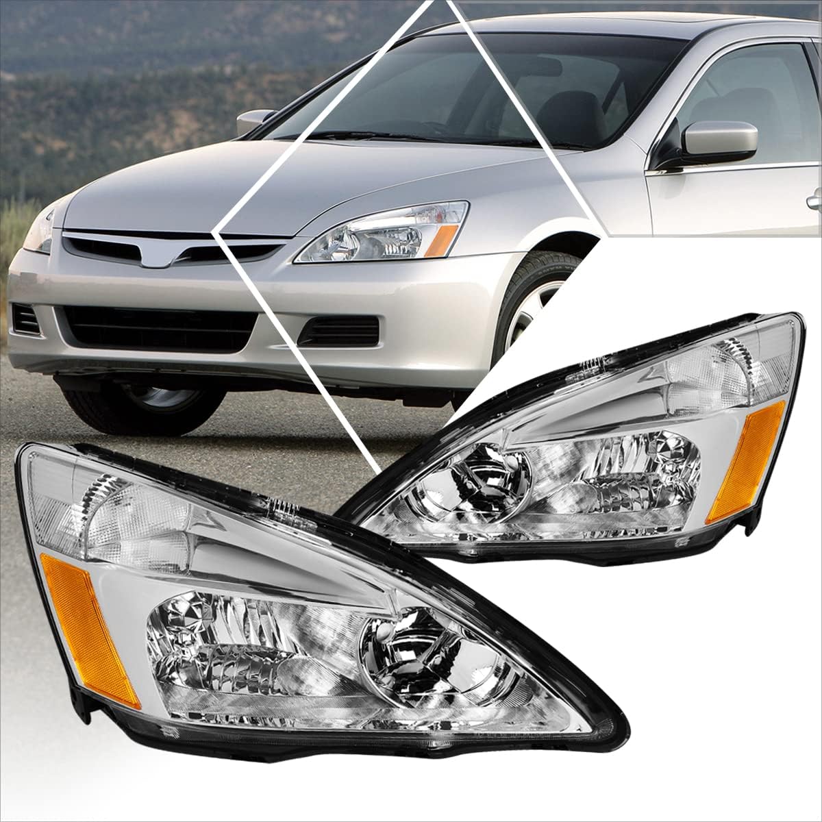 PM PERFORMOTOR (Pair) Headlight Assembly Compatible with Honda Accord 03-07 | Headlamps with Chrome Housing Amber Corner