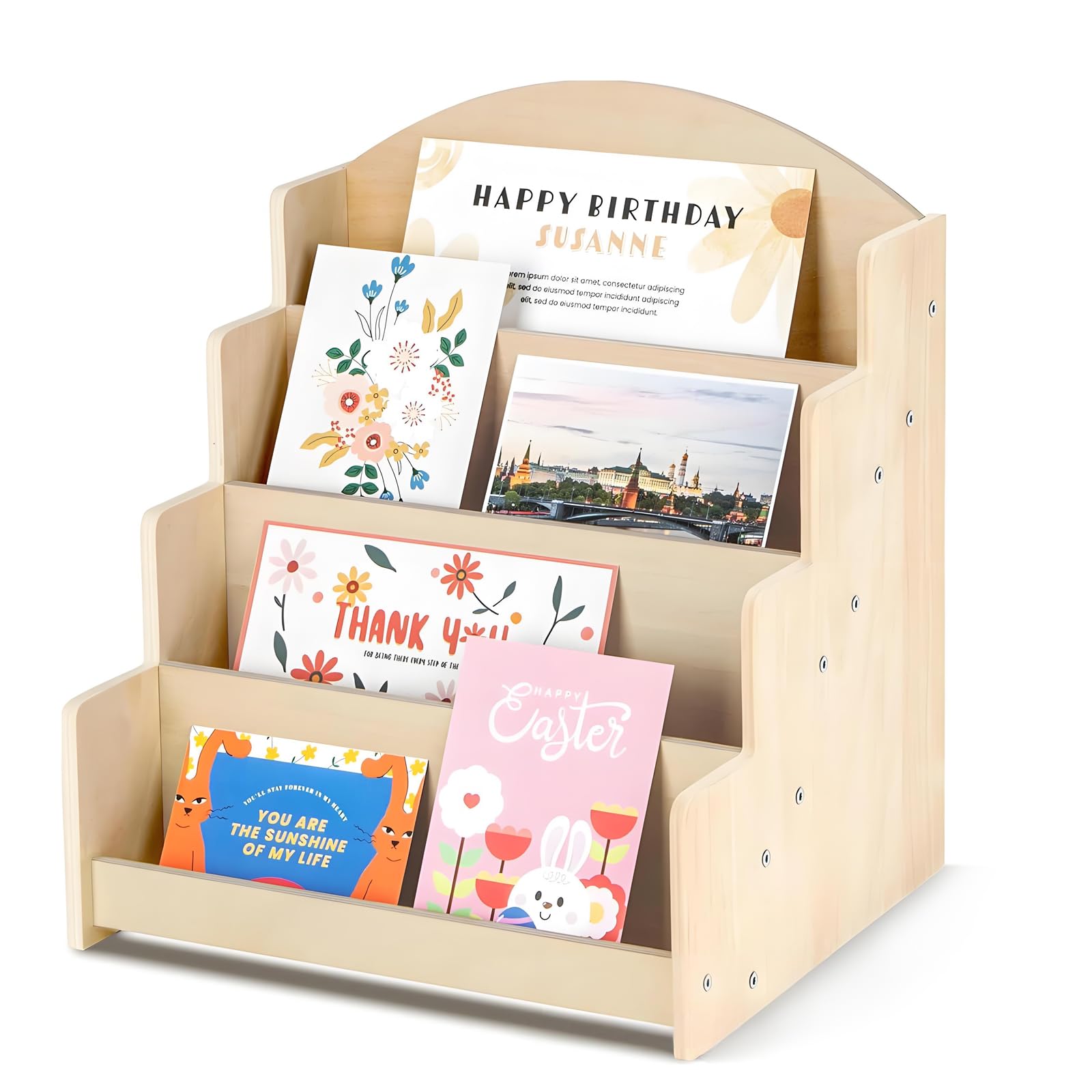 Yudawn Wood Color Greeting Card Display Stand, 4 Tier Wooden Card Display Stand Counter Retail Display Rack For Vendors Postcards Photos Brochures