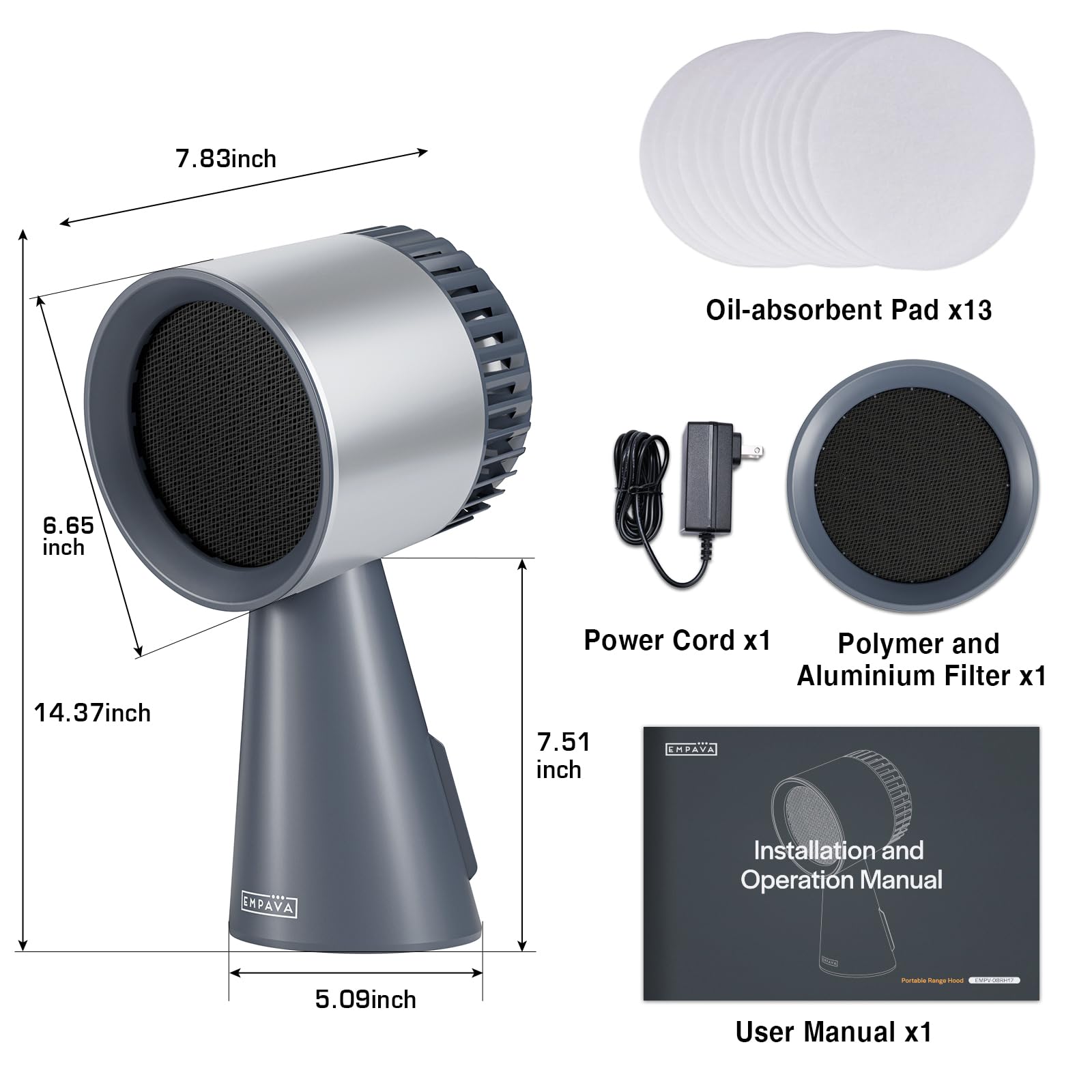 Empava Campana extractora portátil para cocinar, ventilador de escape de cocina de escritorio de 3 velocidades para barbacoa interior, olla caliente y caravana, taza de aceite desmontable, 13 piezas