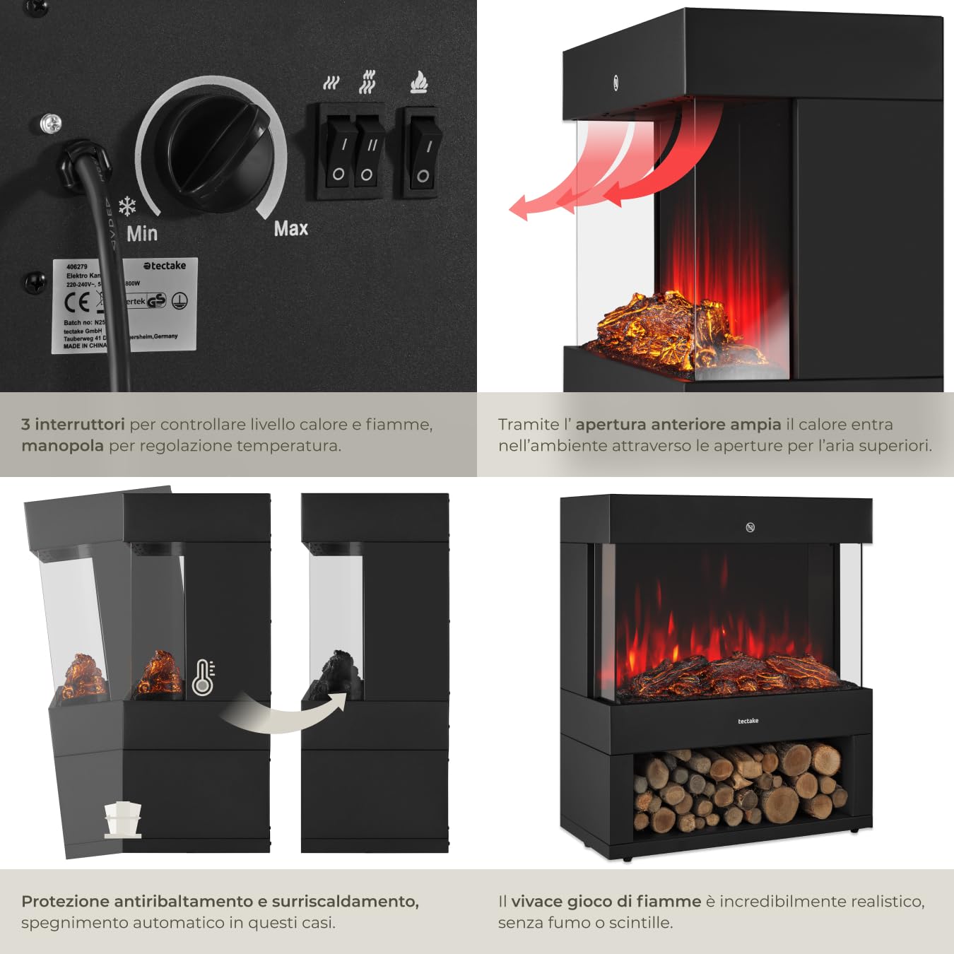 tectake® Caminetto elettrico da terra, 60 x 73,5 x 33 cm, Camino Elettrico da pavimento, 2 livelli di calore 900/1800 W, termostato, effetto fiamma fuoco finto 3D, riscaldamento Casa, Stufa Elettrica