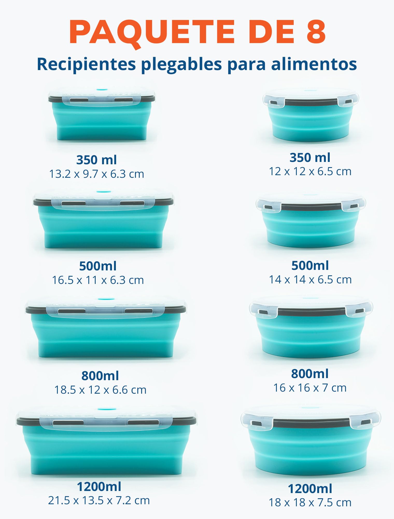 Lunememo 8 Recipientes Plegables de Silicona, Contenedores Plegables para Comida, Fiambrera Plegable para Camping, Sobras, Senderismo, Picnic, Sin BPA, Azul