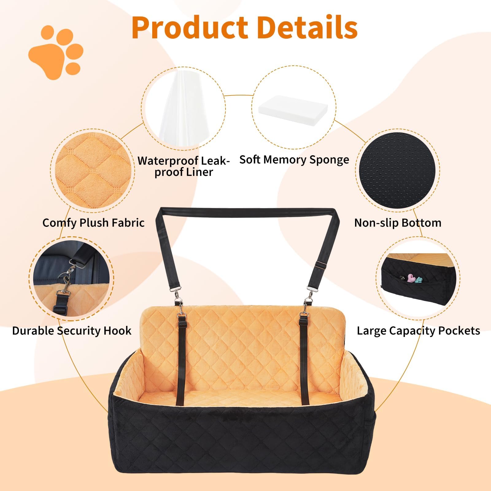 Garvee Asiento grande de coche para perro, cama de espuma viscoelástica de 80 x 50 cm con 2 correas de seguridad, funda lavable desmontable y bolsillos de almacenamiento, asiento elevador para