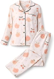 طقم بيجامة نوم مريحة من الساتان للنساء مع بلوزة طويلة الأكمام بأزرار وبنطلون ناعم مطابق بطباعة على شكل كرز، طقم بيجامة نوم من قماش مريح للغاية مثالي للراحة الليلية والاسترخاء في المنزل