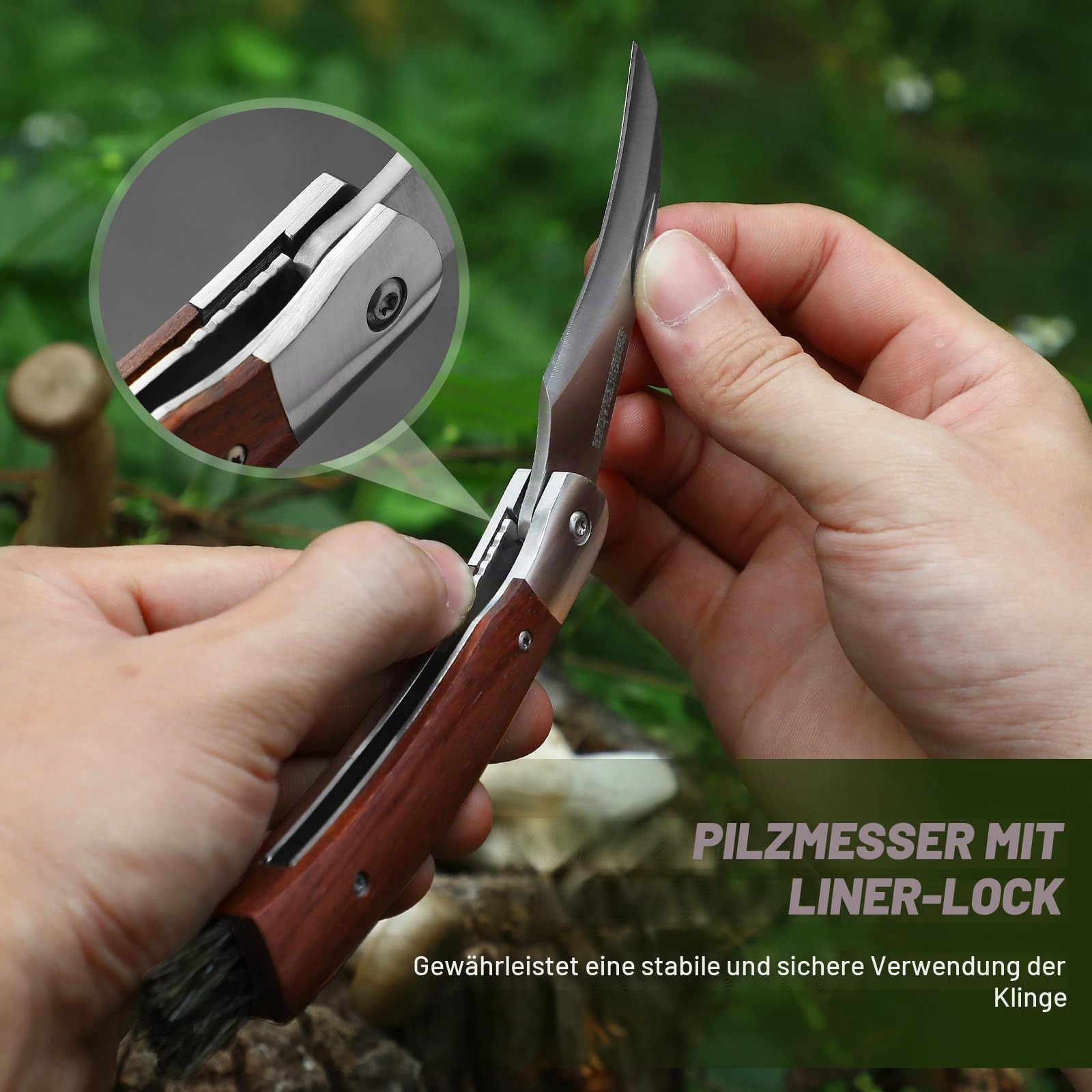 DRACHENADER Pilzmesser & Pilzkorb, Schwammerlmesser mit Bürste/Pinsel (Integriert), Liner Lock, §42a konform, Atmungsaktive, Faltbare Pilztasche mit Netz, Verstellbarem Schultergurt