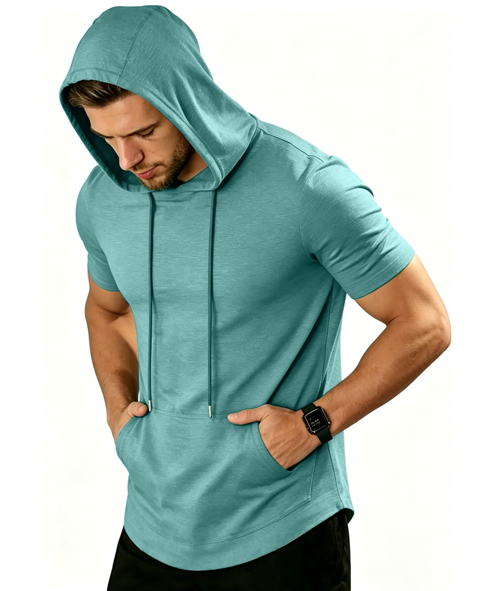 ZITY Tshirt mit Kapuze Herren Shirt Kurz Leichtes Sommer Gym Trainingsshirt mit Känguru-Tasche für Laufen,Boxen und Wandern M-3XL