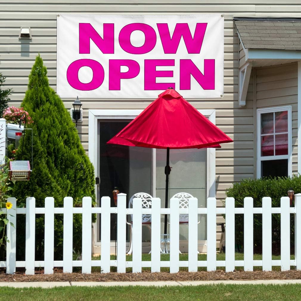 Vinyl Banner Multiple Sizes Now Open Pink Business Outdoor Weatherproof Industrial Yard Signs 4 Grommets 16x40Inches