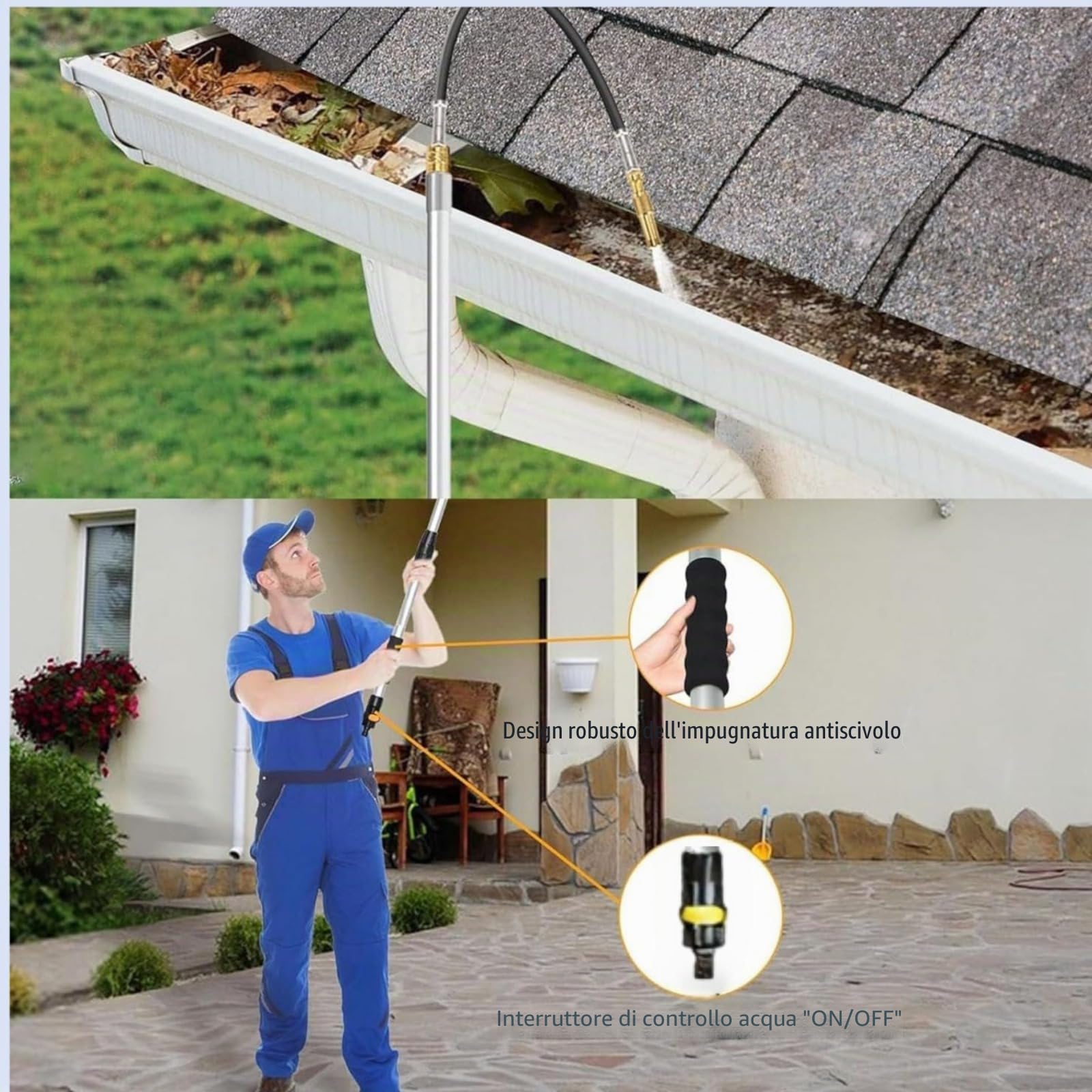 Strumento Telescopico per Pulizia Grondaie - in Alluminio Estensibile, Palo Pulitore per Grondaia ad Alimentazione Acqua, Drenaggio, Estendibile da 40 cm a 200 cm, Adatto per la Pulizia di Tetti, Auto