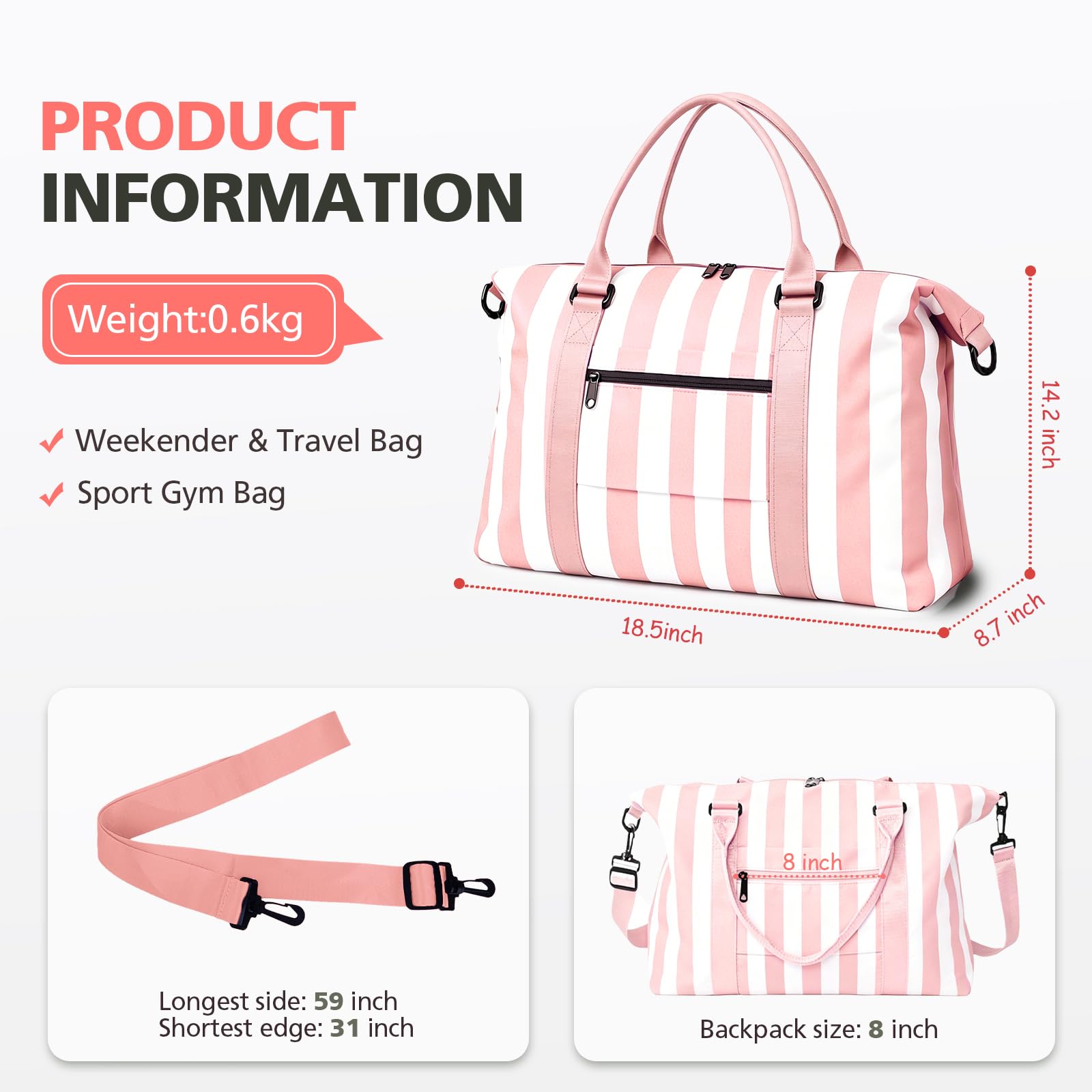 TOPBAG Travel Duffle Bag, Waterproof Weekender Carry On Tote Bags for Women, Sport Gym Bag for Men, Hospital Bag for Labor and Delivery, Overnight Luggage Bag with Trolley Sleeve Coral Pink view 4
