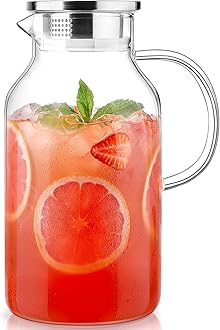 LUNA&MANTHA 1 Gallon Glass Pitcher with Lid and Spout, 128oz Water Pitcher with Handle for Fridge, Large Iced Tea Jug for Juice, Coffee, Sangria, Beverage, Borosilicate Glass Carafe Hot/Cold Drink