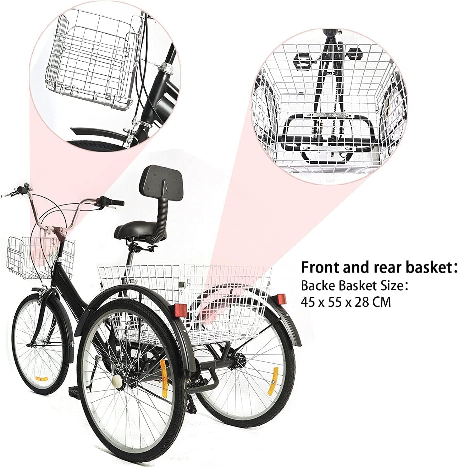 24 Zoll Dreiräder Erwachsene mit 2 Korb - 7 Gang Dreirad für Erwachsene120KG Last Höhenverstellbar 3 Räder Fahrrad Cityräder Cruise Einkaufsrad für Senioren Frauen Ältere(Schwarz)
