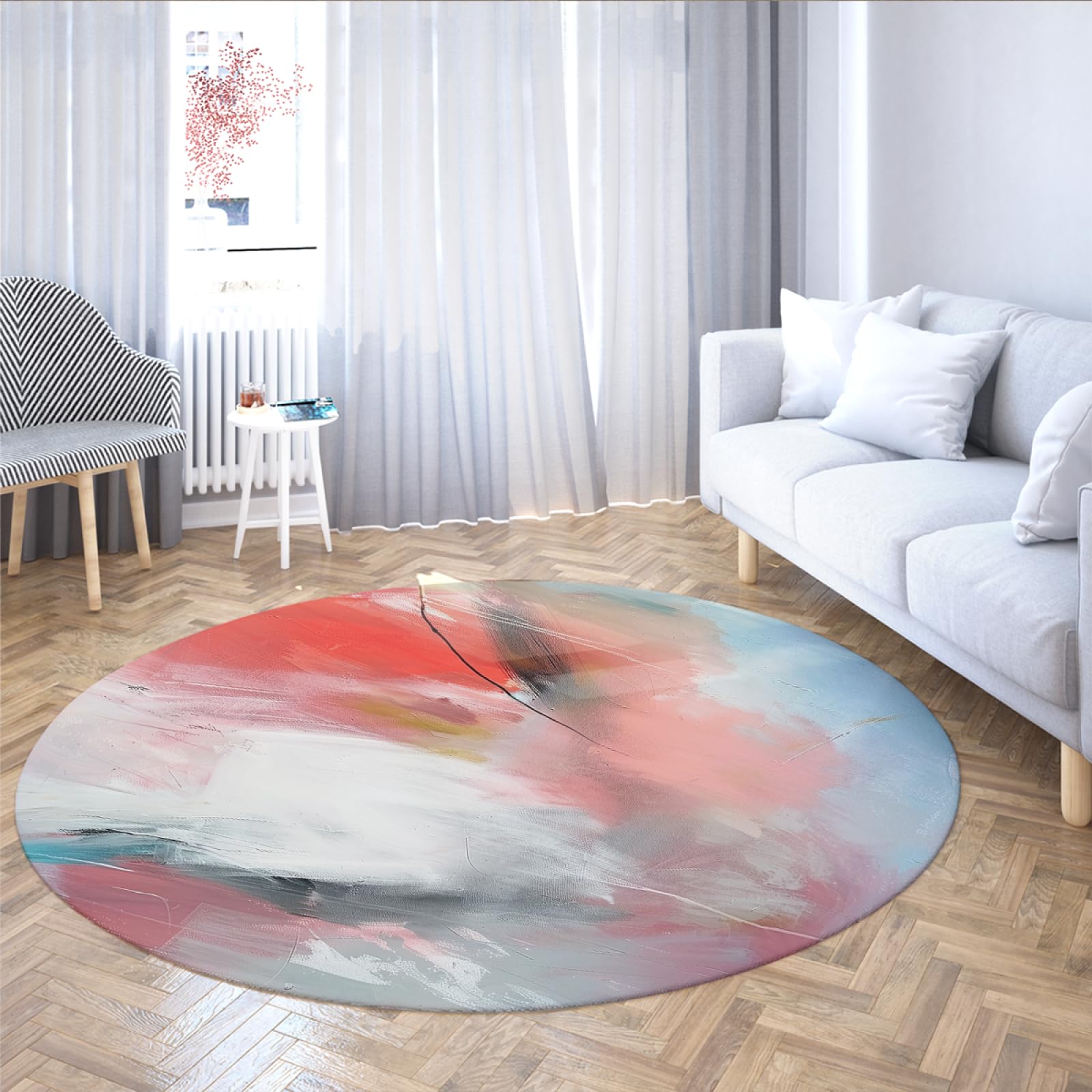 Tapis rond chambre et salon aquarelle rose blush moderne