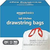 Amazon Basics 13 Gallon Tall Kitchen Drawstring Trash Bags, Unscented, Sturdy 0.9 Mil Thick, 200 Count