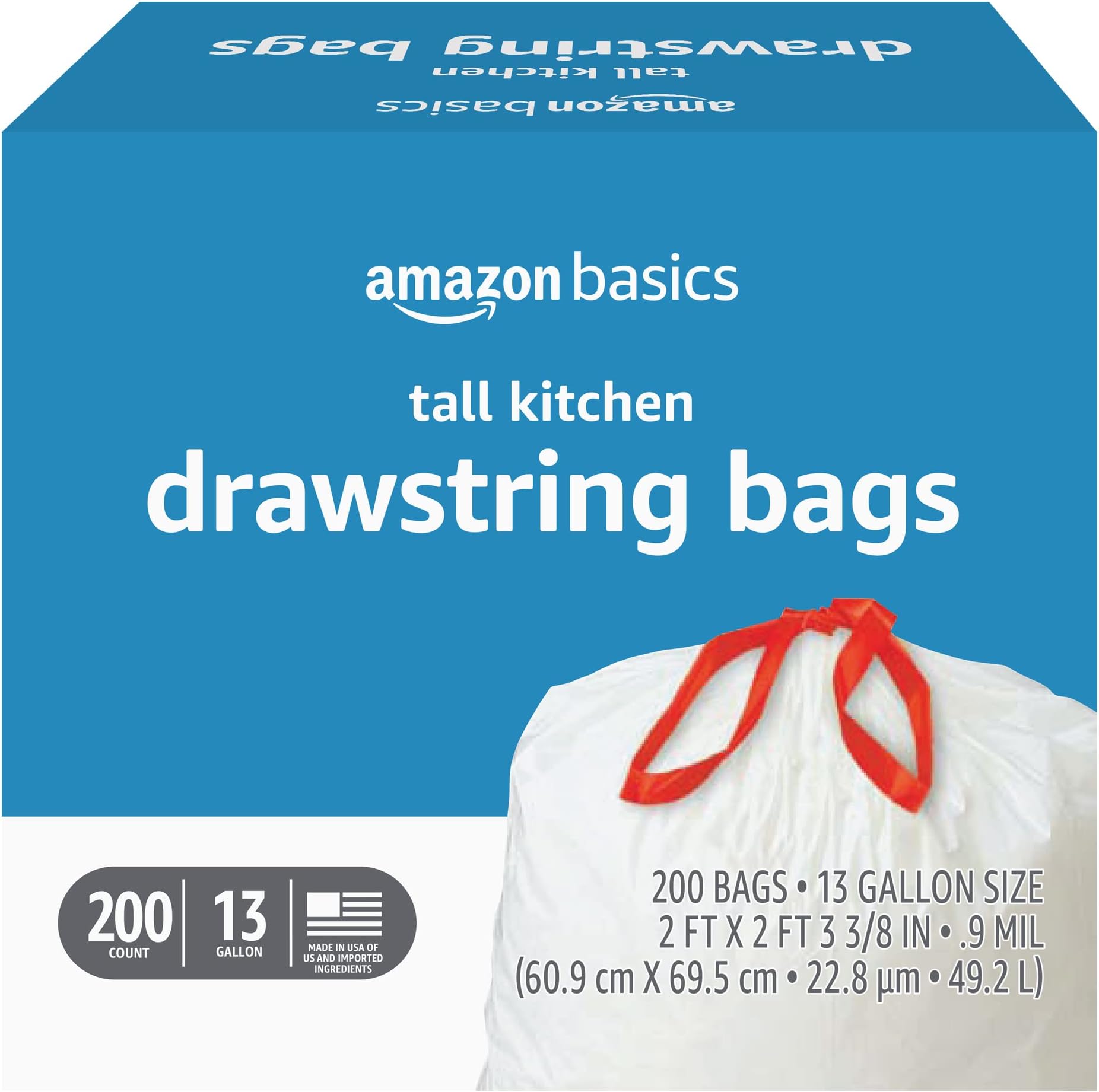 Tall Kitchen Drawstring Trash Bags, Sturdy, 13 Gallon, Unscented, 200 Count