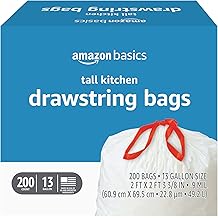 Amazon Basics Trash Bags, Tall Kitchen Drawstring, Unscented, 13 Gallon, 200 Count, Pack of 1