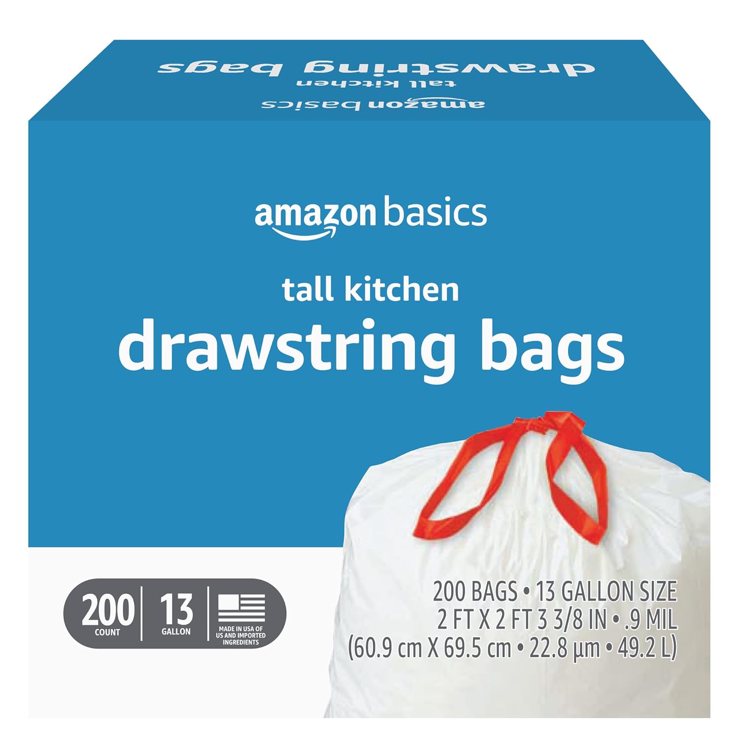 Amazon Basics Tall Kitchen Drawstring Trash Bags Sturdy 13 Gallon Unscented 200 Count