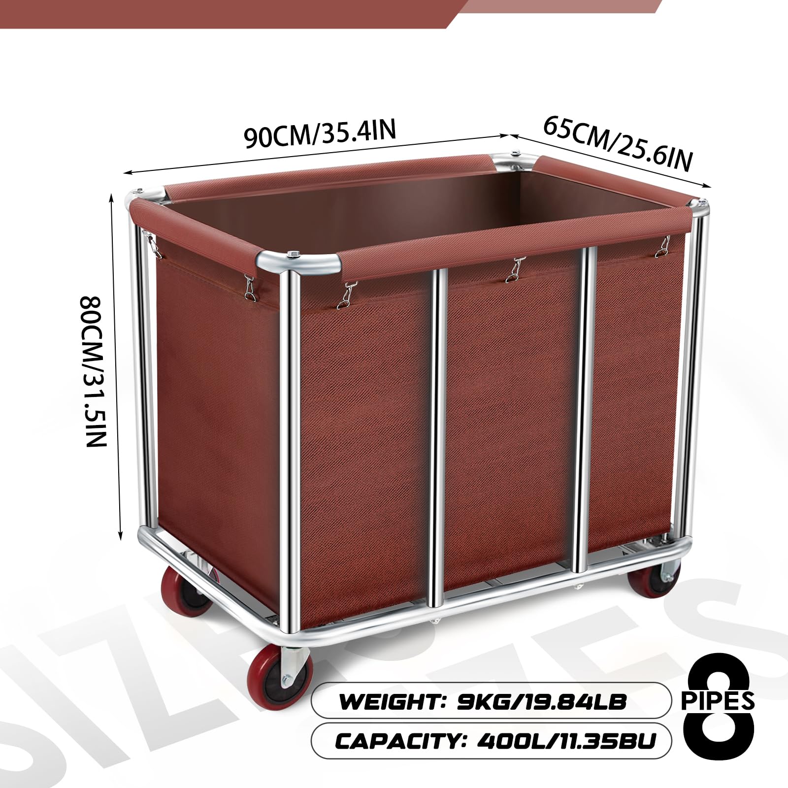 Carrello portabiancheria con ruote, 400 l, per alberghi e ospedali, cestino rimovibile in tela impermeabile, resistente in acciaio inox (marrone)