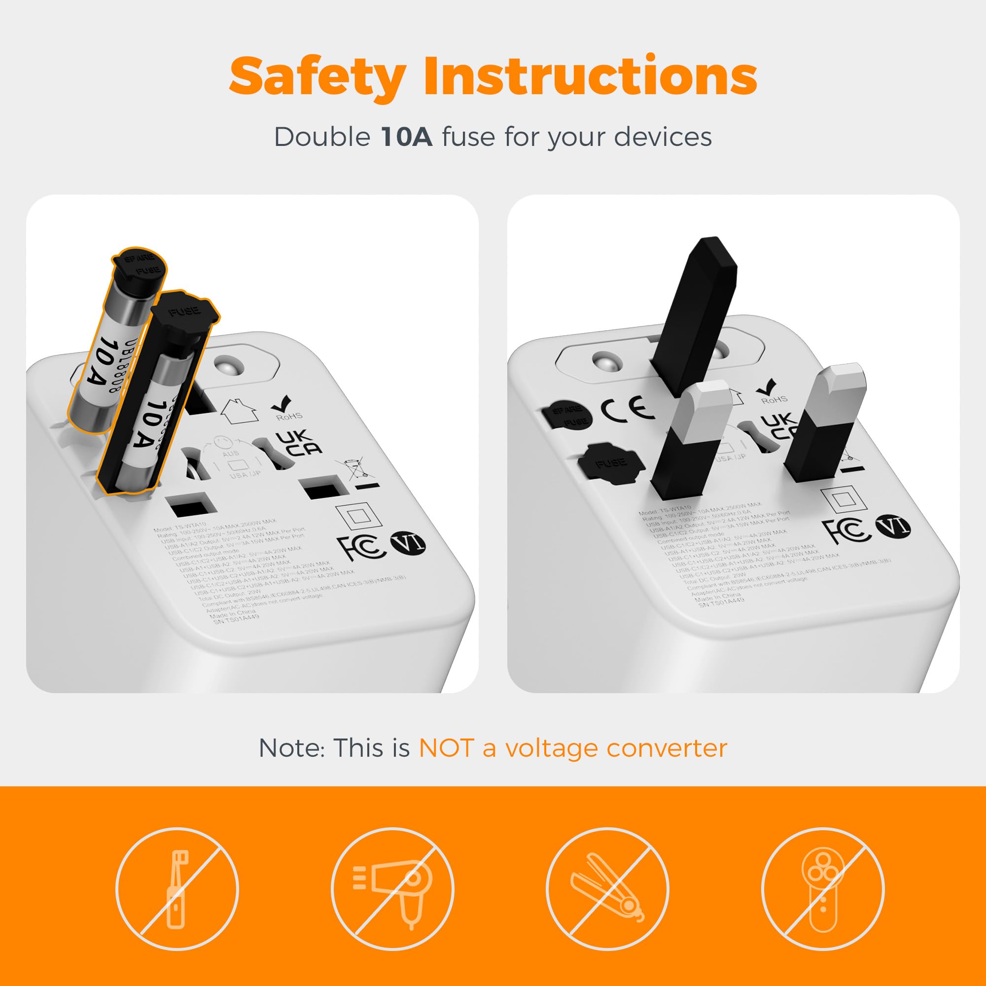 TESSAN Universal Travel Adapter Worldwide with 2 USB C and 2 USB A Ports, Universal Plug Adaptor UK to World, International Adapter for EU, USA, UK, Australia, Thailand etc. not a Voltage Converter — view 2
