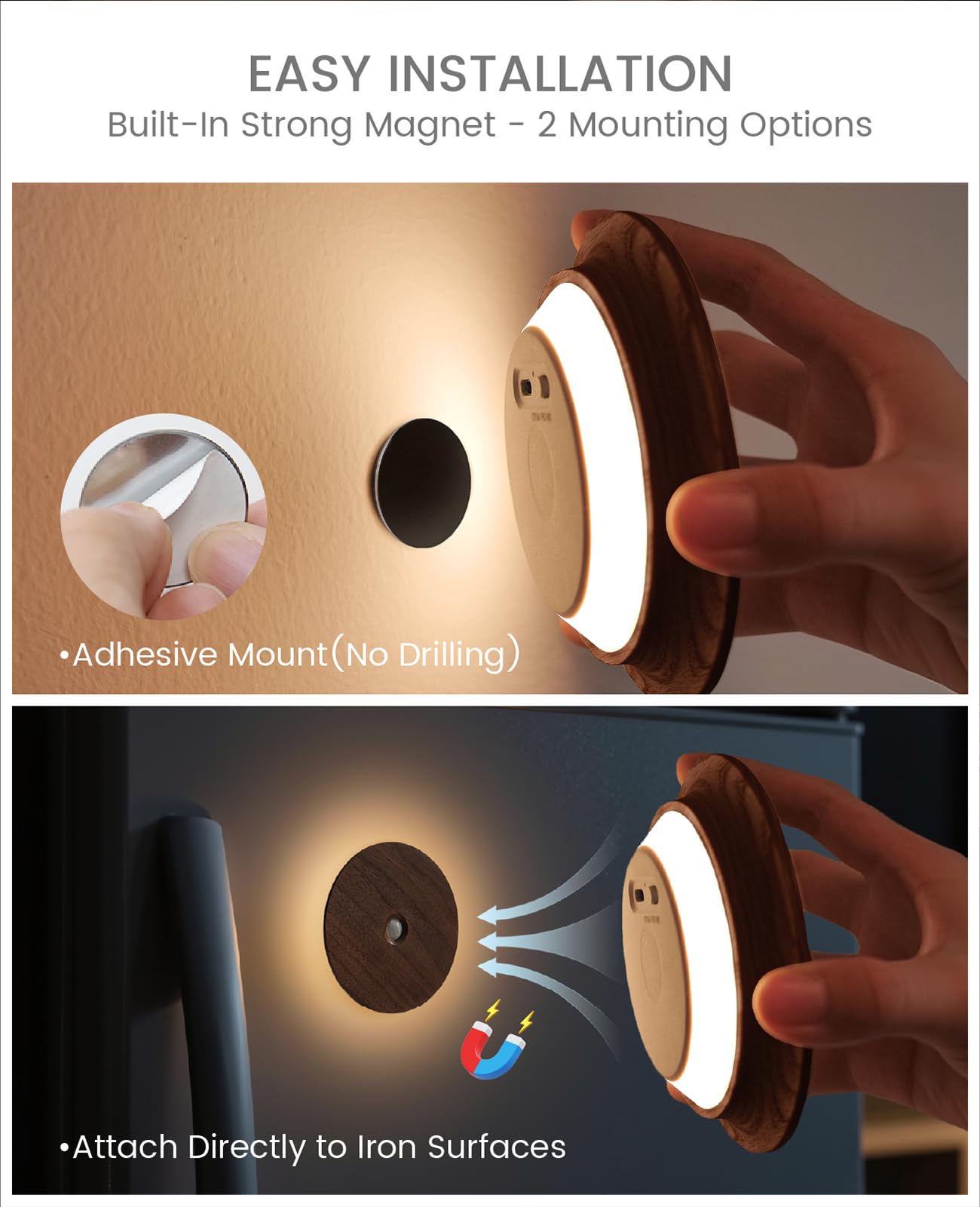 Vadifula Motion Sensor Night Light Wood Rechargeable Battery Powered Stick-On Step Lights Magnetic Closet Warm Nightlight for Hallway — view 4