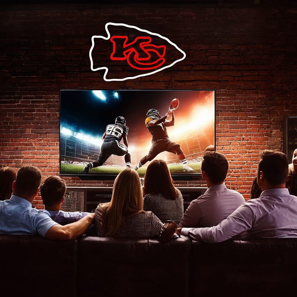 Football Rugby Sports Team Neon Sign Suitable for Chiefs KC Logo Neon Sign for Wall Decor USB Powered Dimmable Led Light Up Signs for Men Cave Home Bar Birthday Party Decor Xmas Gifts for Kids