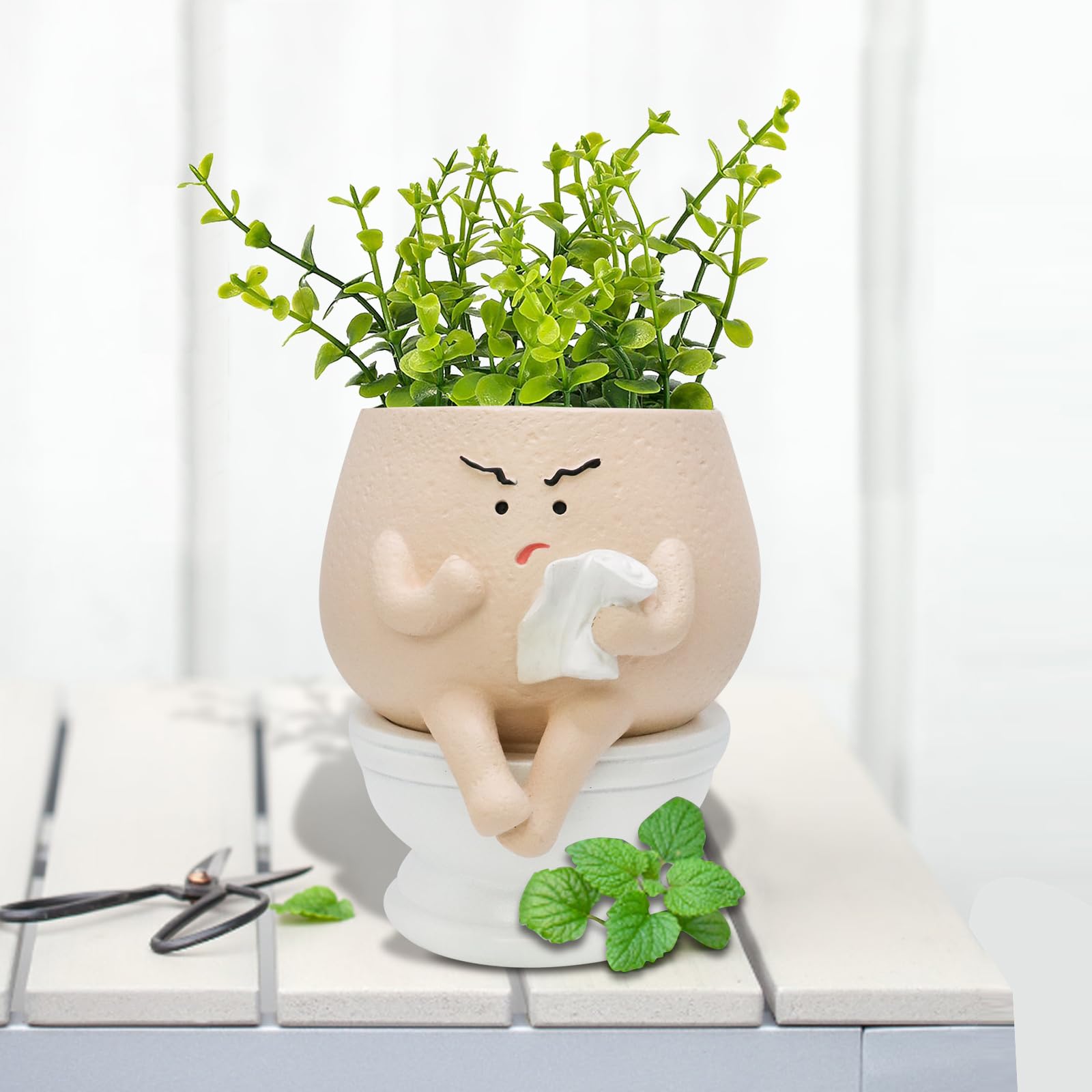 Macetas con el ceño fruncido para plantas de interior, bonitas macetas de resina con cabeza de flor, macetas para suculentas con agujero de drenaje, maceta única de cierre – Idea de regalo