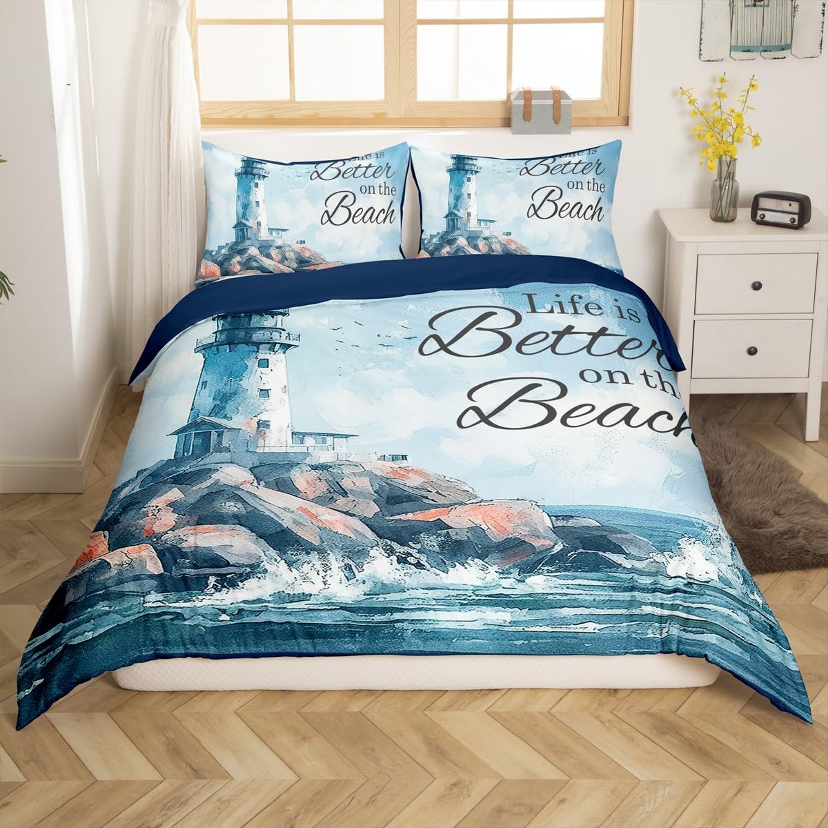 Nautical Duvet Cover Twin Size for Kids Boys Men Teens,Coastal Lighthouse 2 Pcs Quilt Cover,Seaside Sea Wave Reef Bedding (Not Comforter),Ocean Adventure Comforter Cover