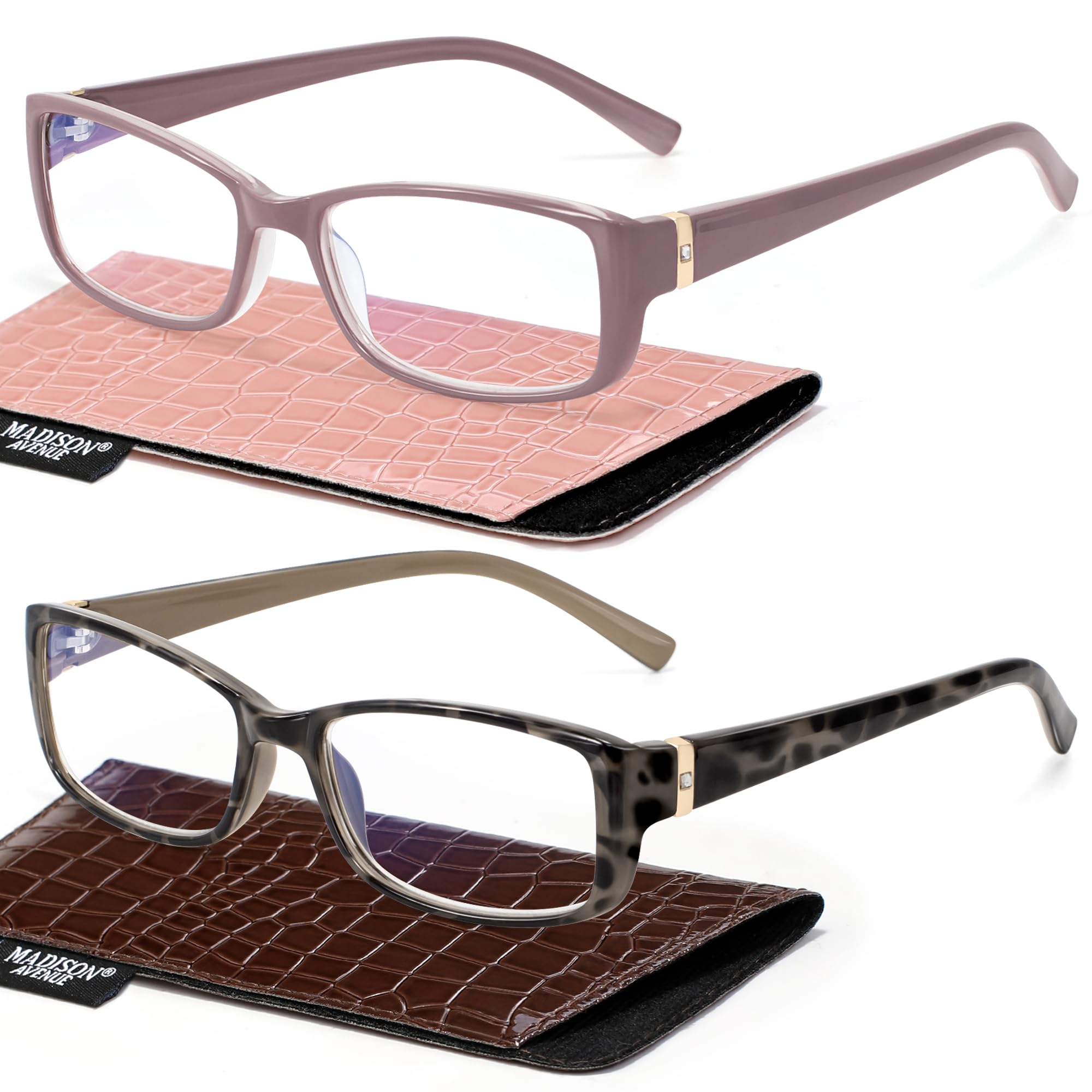 Madison Avenue 2 Pack Classic Blue Light Blocking Reading Glasses for Women, Vintage Anti Glare/Eyestrain Computer Readers Demi/Purple +1.5