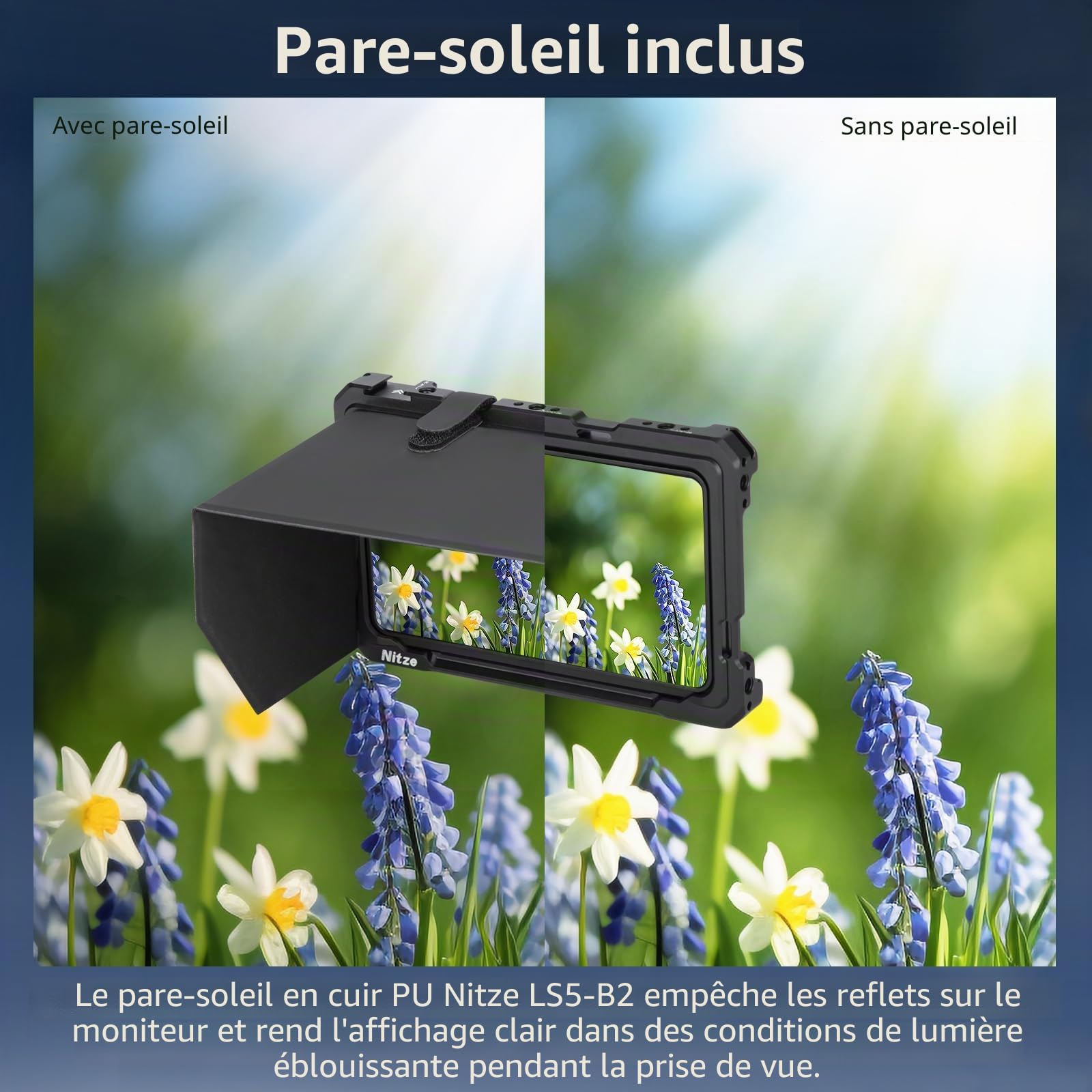 Nitze Shinobi 2 Cage, Cage pour Moniteur Atomos Shinobi II avec Cold Shoe Intégrée, NATO Rail et Pare-Soleil en Cuir PU - JT-A06B
