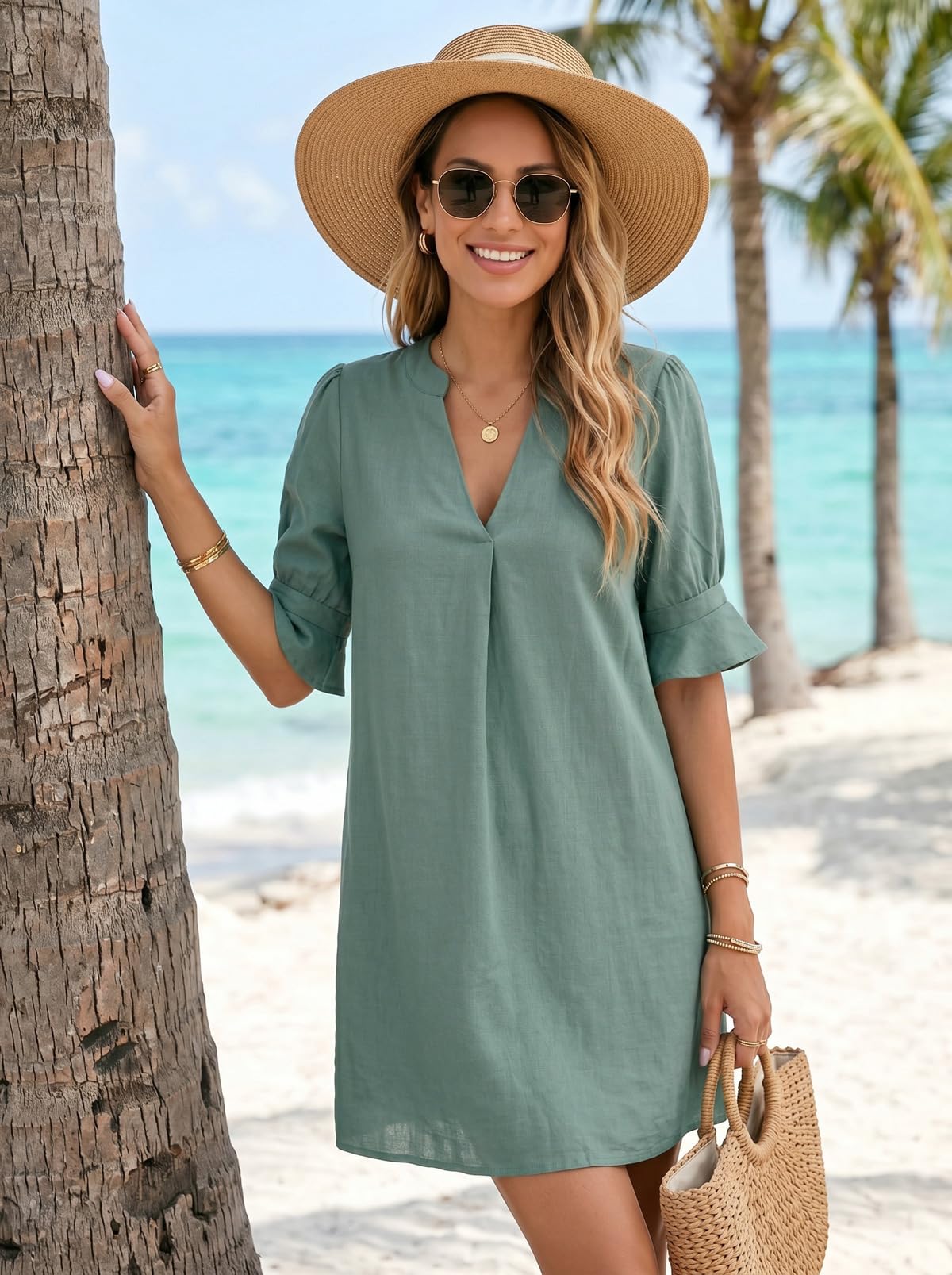 YUTILA Damen Strandkleid Kurz Leinenkleid V-Ausschnitt Bikini Cover Up Sommerkleid Strand Tunika Baumwolle Leinen Locker Leicht Unifarben Beachwear