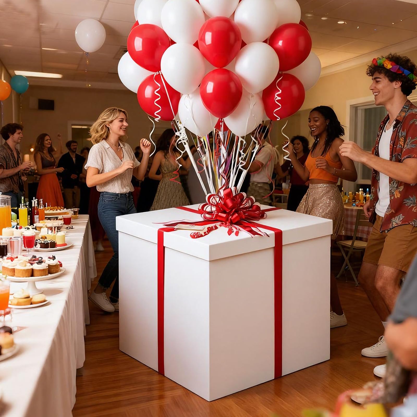 Kolldenn Boîte cadeau de Noël géante extra large 71 x 71 x 71 cm avec couvercle, ruban rouge et blanc, carte de vœux et 100 ballons pour grands cadeaux pour Noël, anniversaire surprise