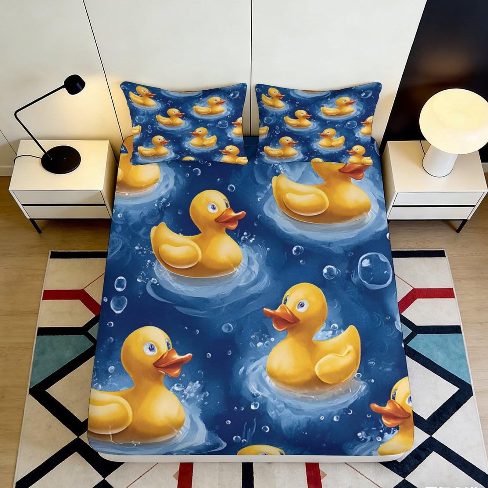 3D Printed Yellow Rubber Duck Fitted Sheet Microfiber Soft Non-Slip Water Bubble Mattress Cover for Bedroom Bed Decor 200x200x25cm