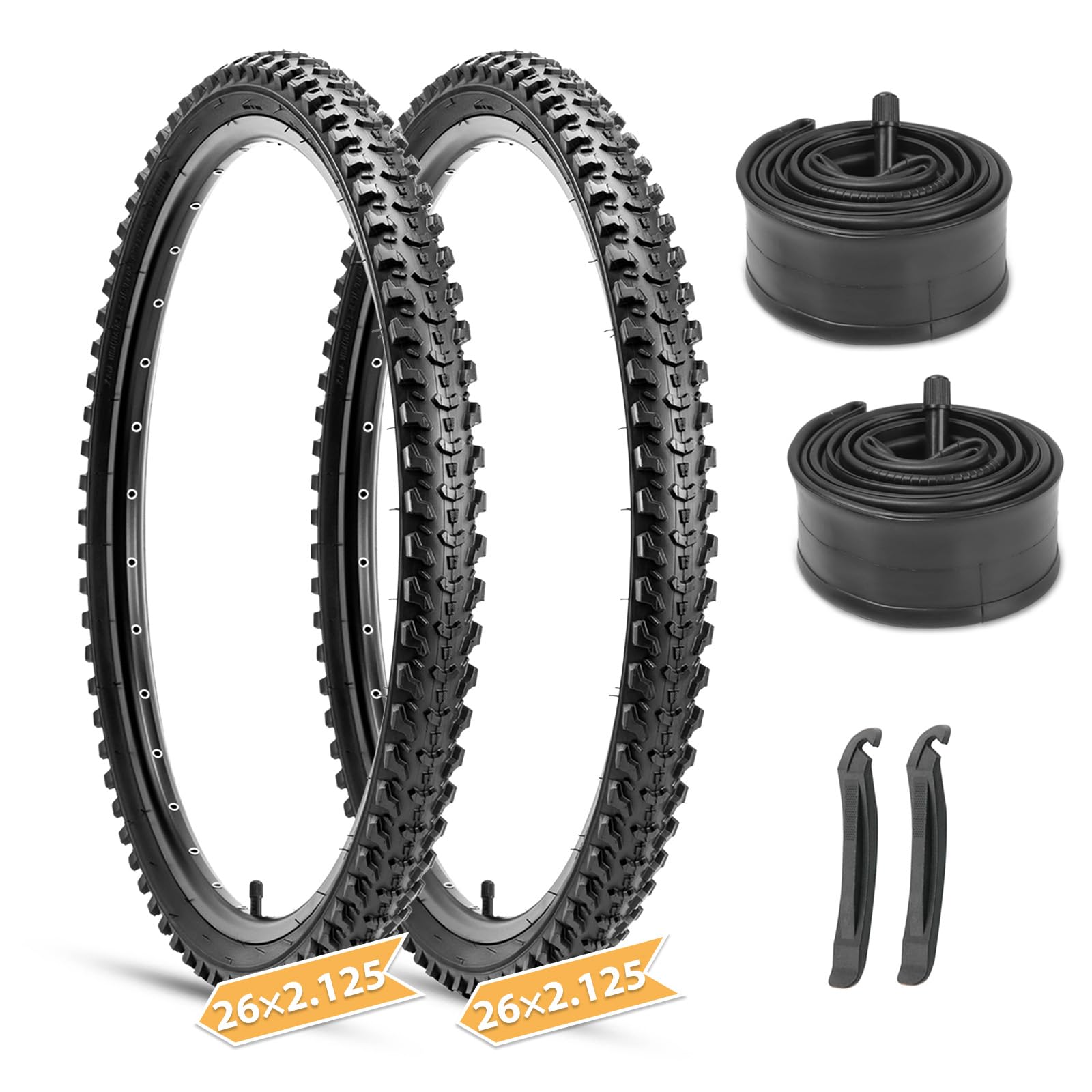 Hycline Mountain Bike Tires Set: 2-Pack 20/24/26x2.125 Inch Folding Replacement High-Density Bicycle Tires and Pair Inner Tubes with Tire Levers