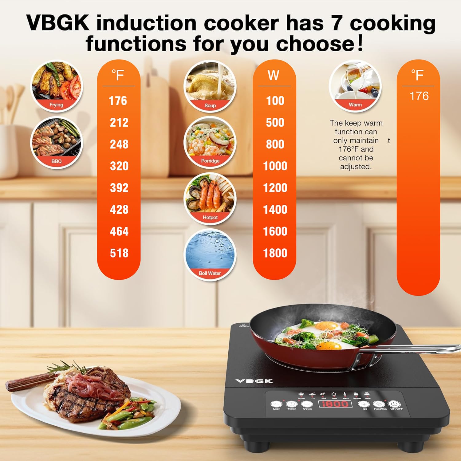 Cocina de inducción de un solo quemador, Cocina de inducción portátil de 1800 W, Placa caliente de 110 V con sensor LCD táctil, 7 niveles de temperatura de hasta 518 °F, bloqueo de seguridad 6