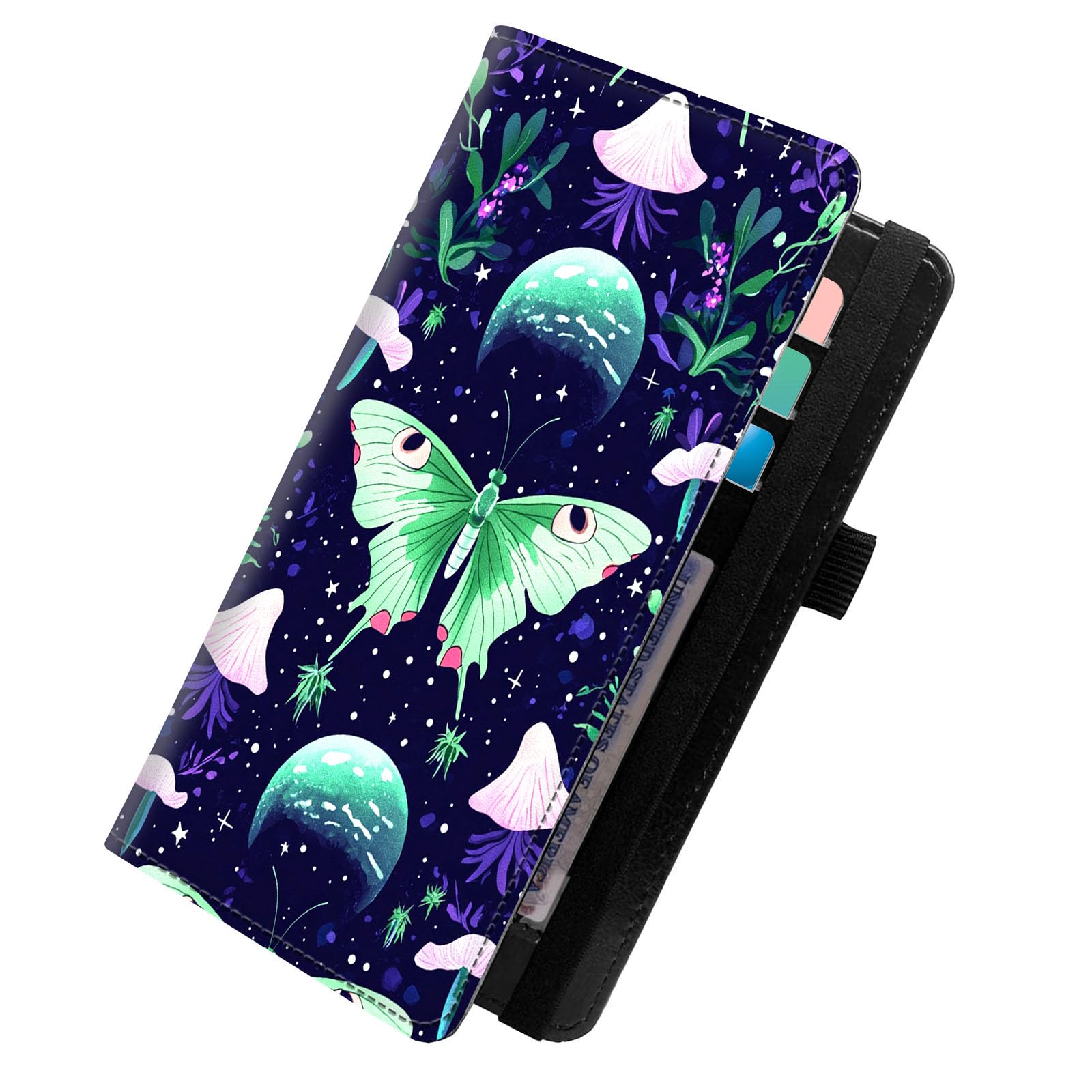 KUJKBFWJ Checkbook Wallet & Holder | Leather Cover for Duplicate/Side-Tear Checks | Slim Check Book Wallet Women & Men with Card Slots, Pen Loop | Premium Unisex Organizer, Luna Moth and Moon