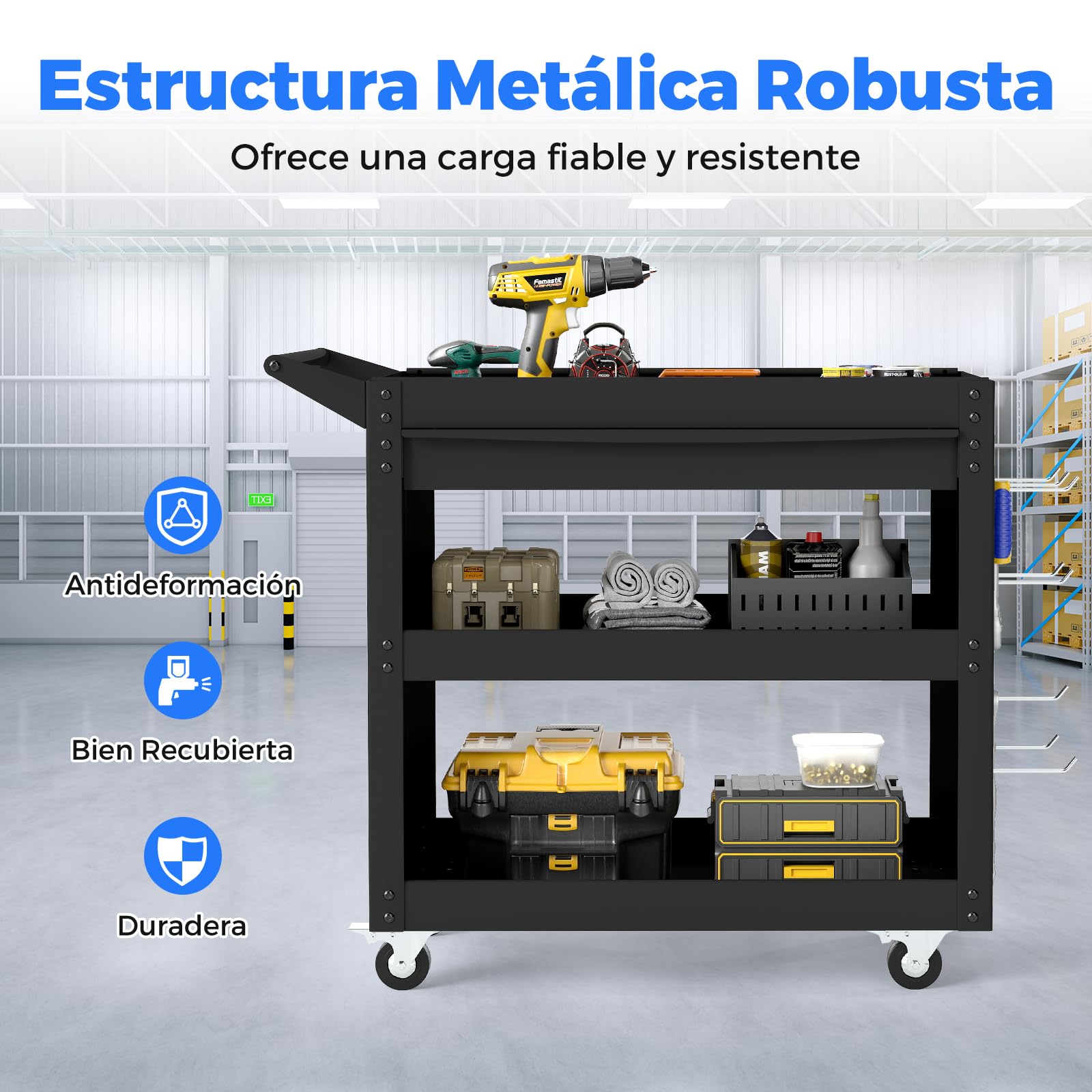 COSTWAY Carro Herramientas de 3 Niveles, Organizador de Herramientas con Cajón, 2 Tableros Perforados y 8 Ganchos, Marco Metálico, Almacén Garaje Taller, 80 x 35 x 73 cm