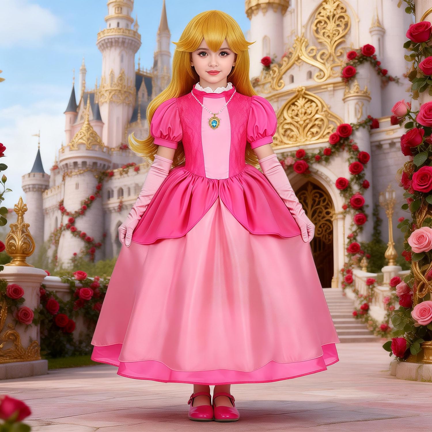 Pink Princess Costume for Girls Kids Deluxe Fairytale Royal Dress with Wig Gloves Jewelry Wand Halloween Party Set - 5